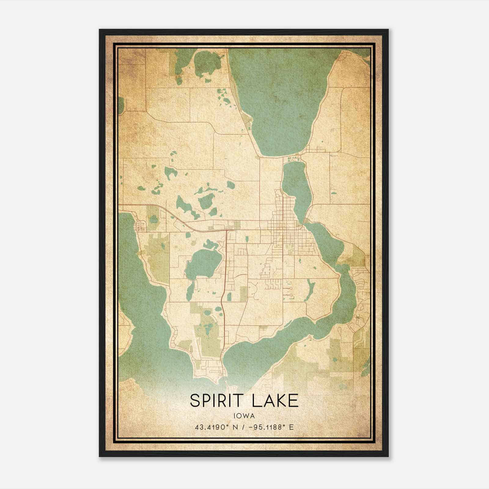 Vintage Spirit Lake Iowa Map Poster, Modern Home Decor Wall Art Print
