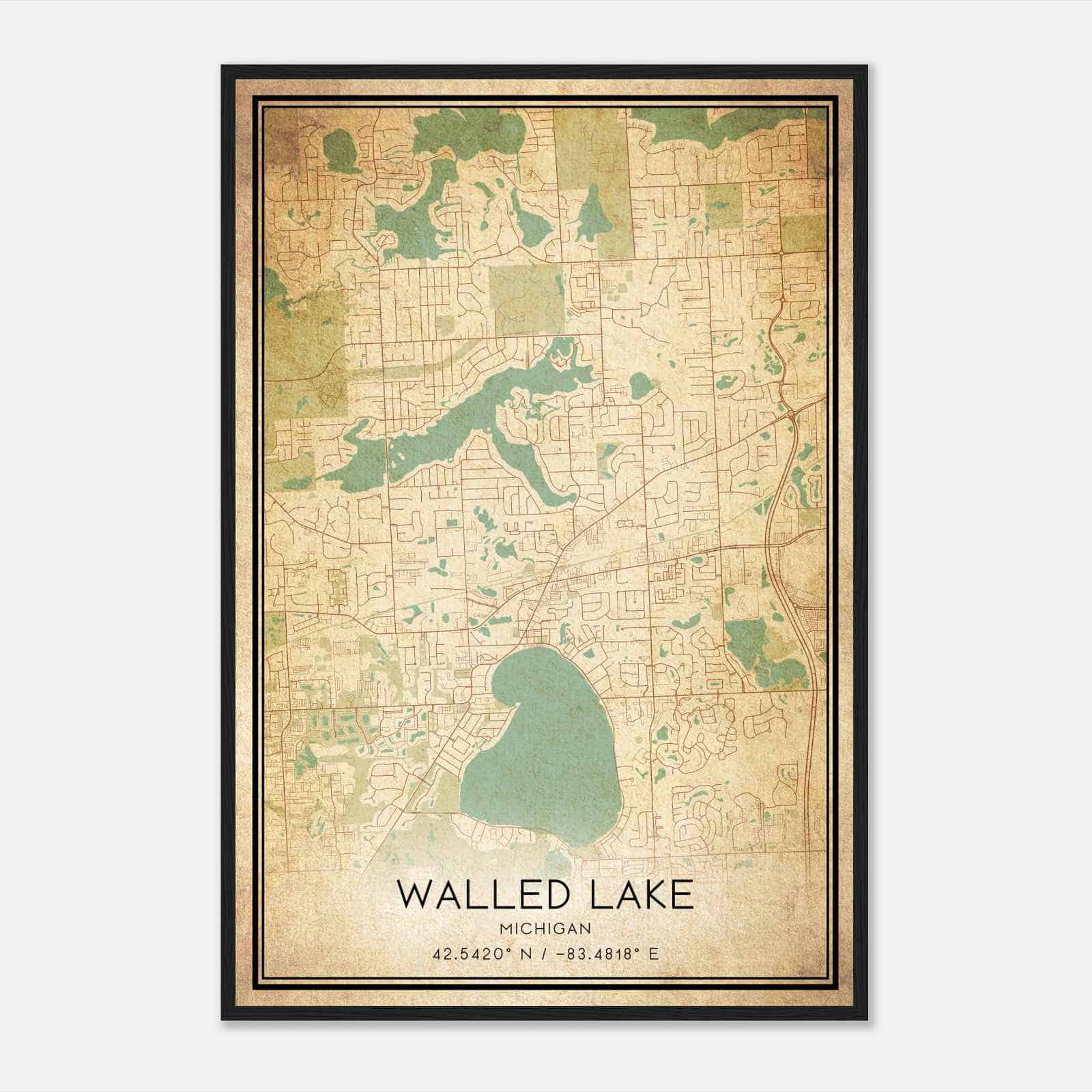 Vintage Walled Lake Michigan Map Poster, Modern Home Decor Wall Art Print