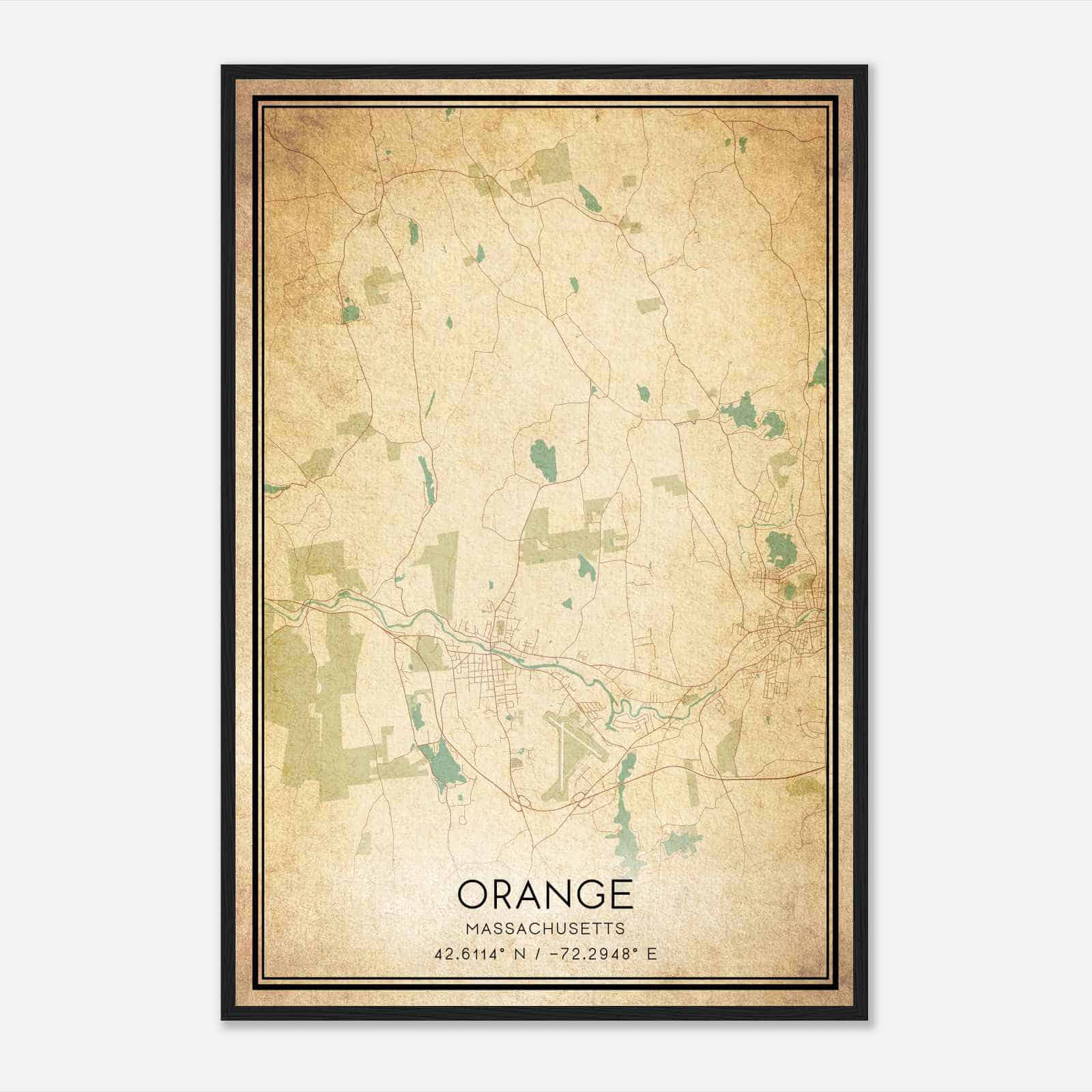 Vintage Orange Massachusetts Map Poster, Modern Home Decor Wall Art Print