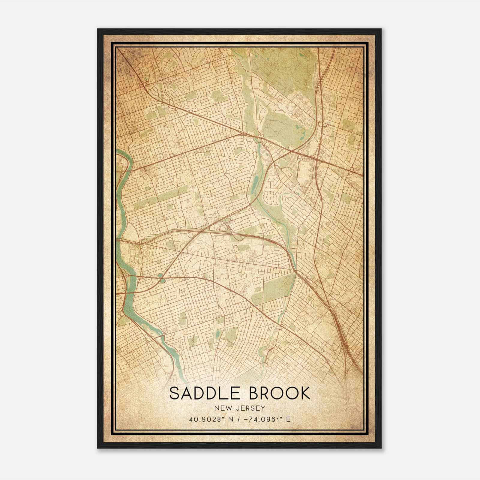 Vintage Saddle Brook New Jersey Map Poster, Modern Home Decor Wall Art Print