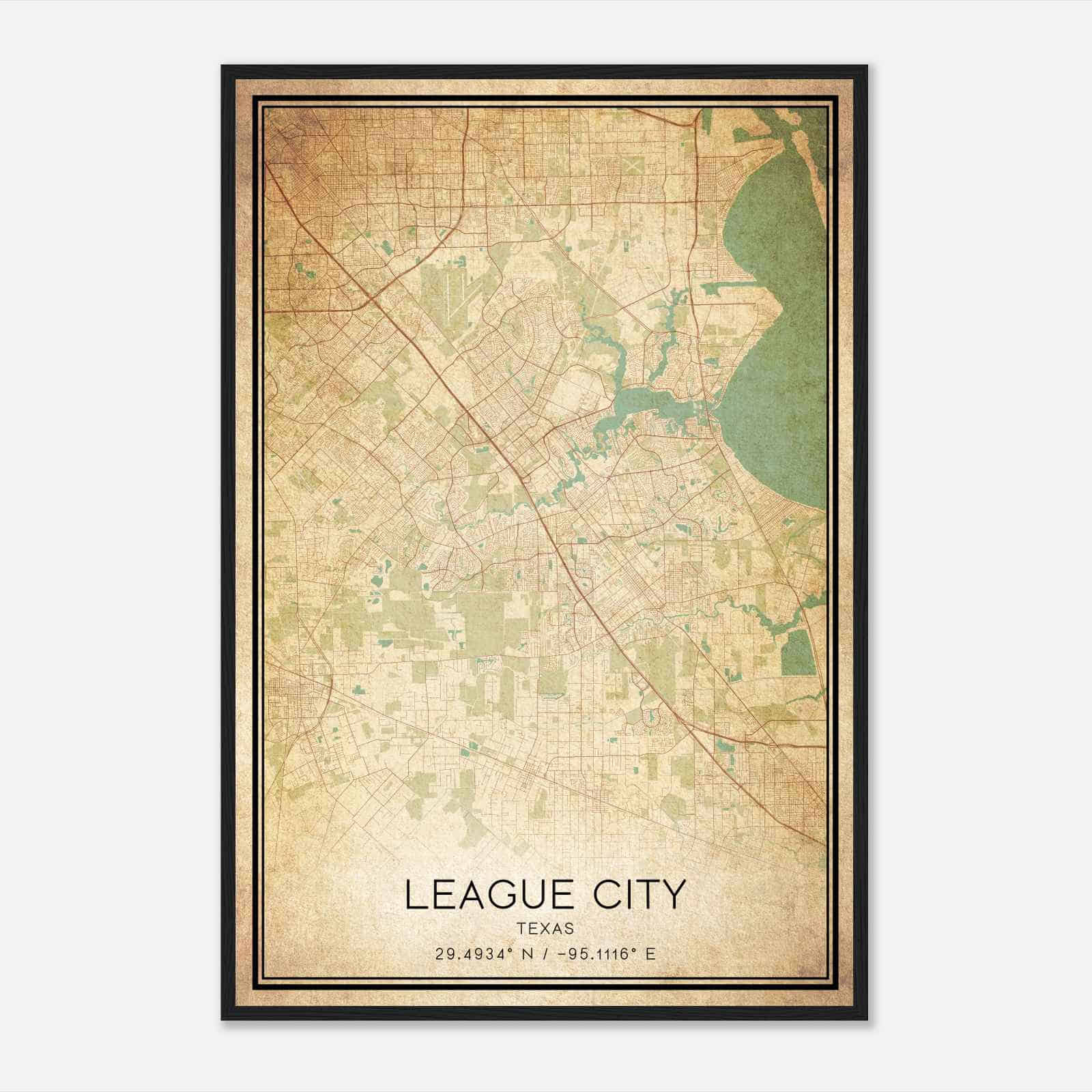 Vintage League City Texas Map Poster, Modern Home Decor Wall Art Print