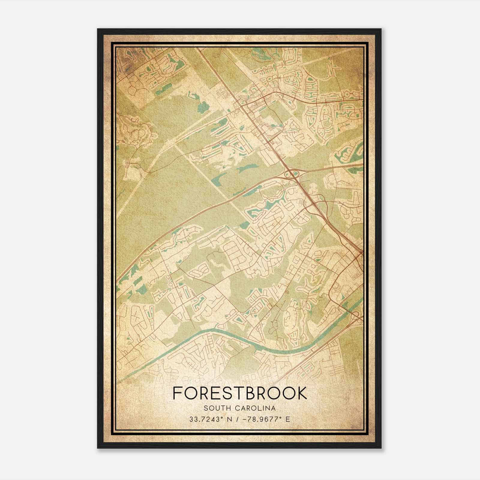 Vintage Forestbrook South Carolina Map Poster, Modern Home Decor Wall Art Print