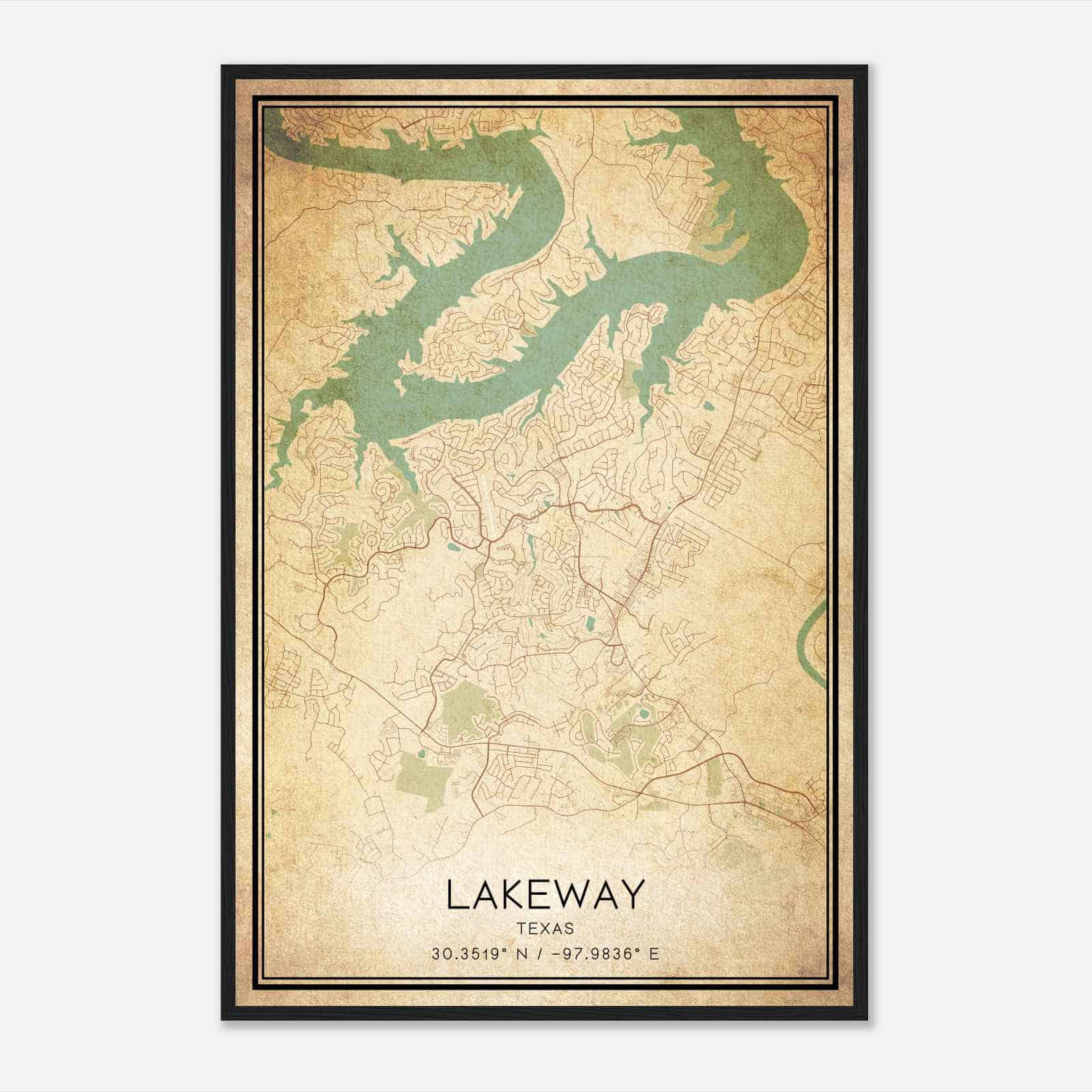 Vintage Lakeway Texas Map Poster, Modern Home Decor Wall Art Print