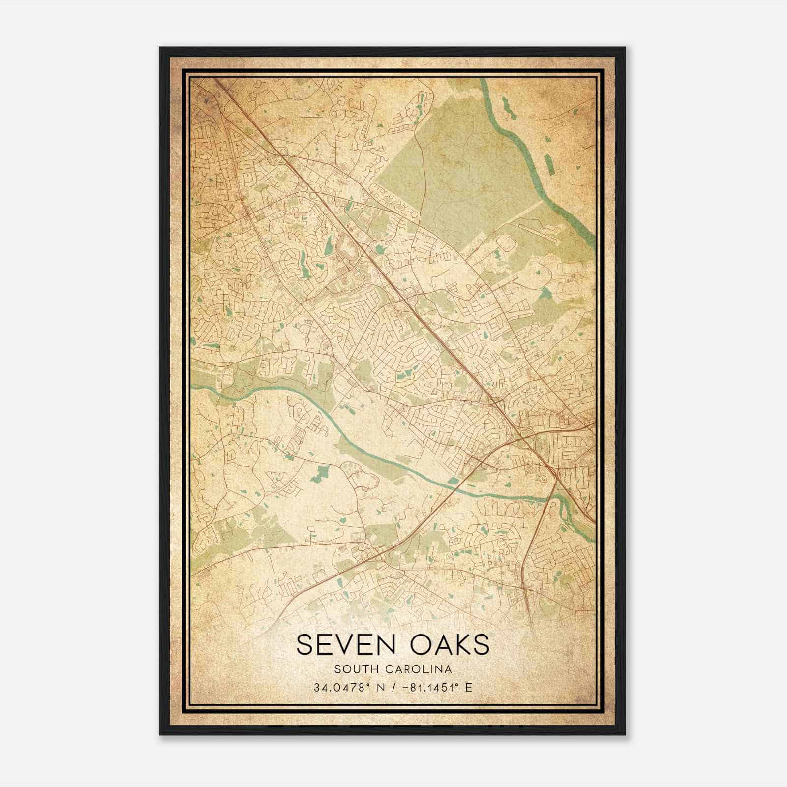 Vintage Seven Oaks South Carolina Map Poster, Modern Home Decor Wall Art Print