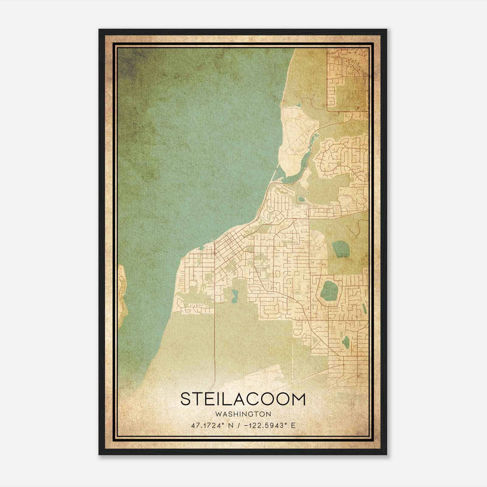Vintage Steilacoom Washington Map Poster, Modern Home Decor Wall Art Print
