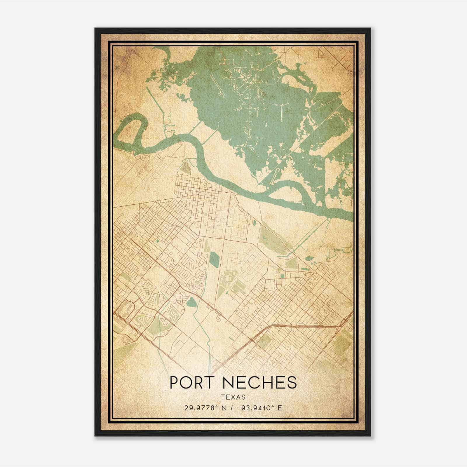 Vintage Port Neches Texas Map Poster, Modern Home Decor Wall Art Print