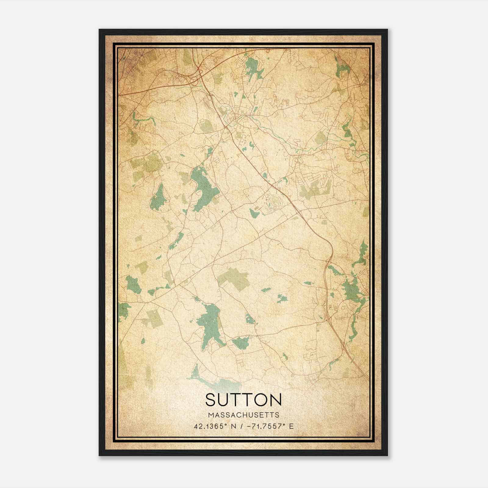 Vintage Sutton Massachusetts Map Poster, Modern Home Decor Wall Art Print