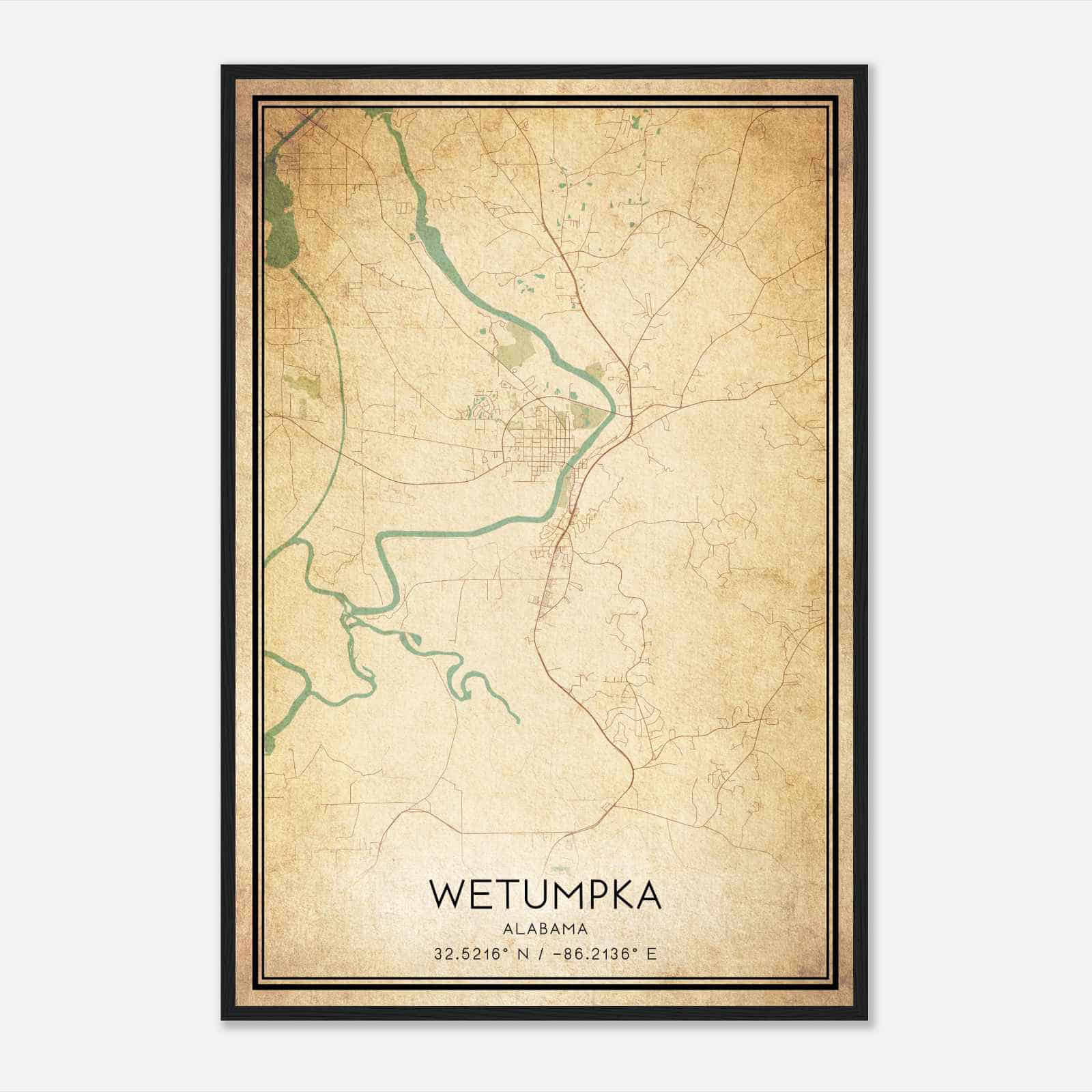 Vintage Wetumpka Alabama Map Poster, Modern Home Decor Wall Art Print