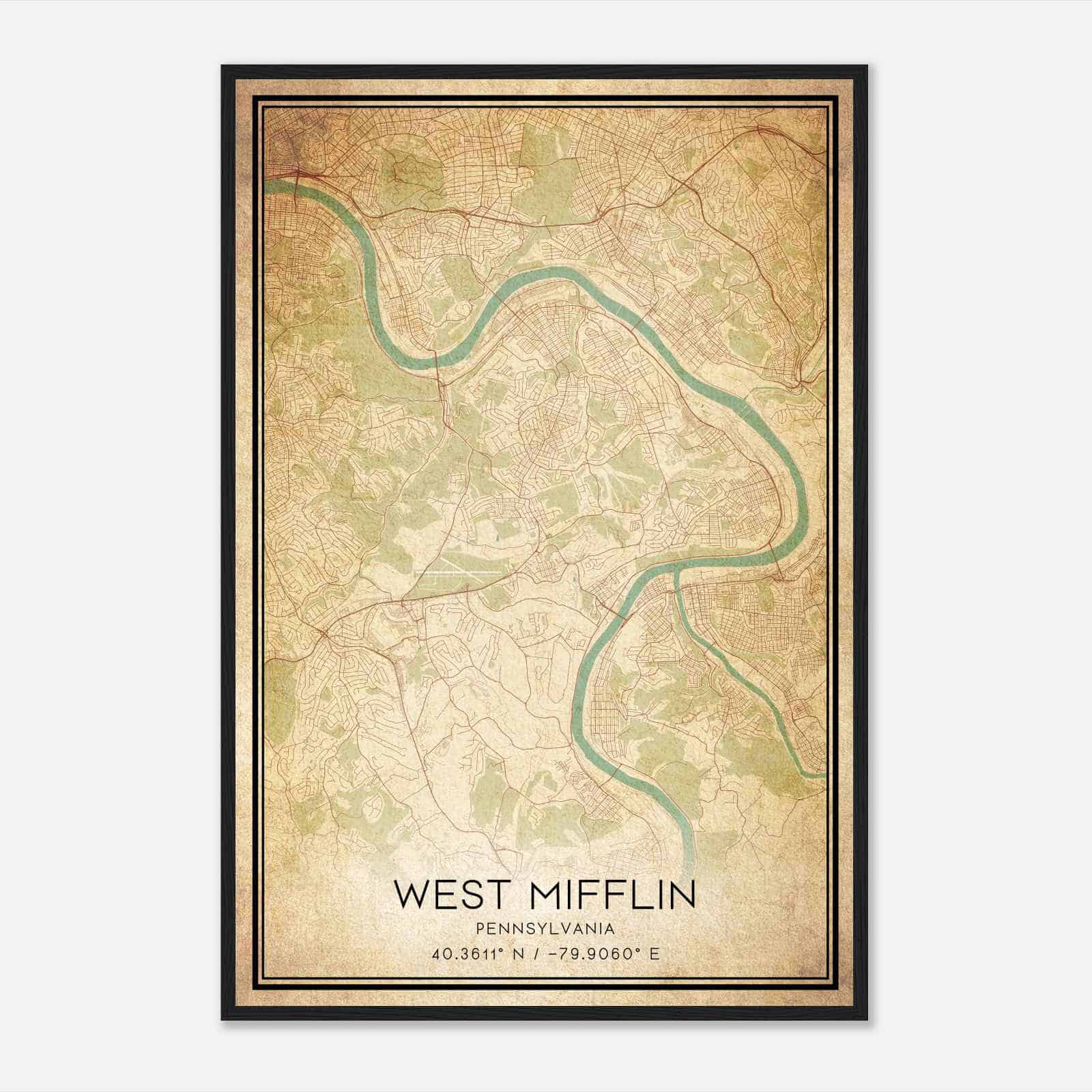 Vintage West Mifflin Pennsylvania Map Poster, Modern Home Decor Wall Art Print