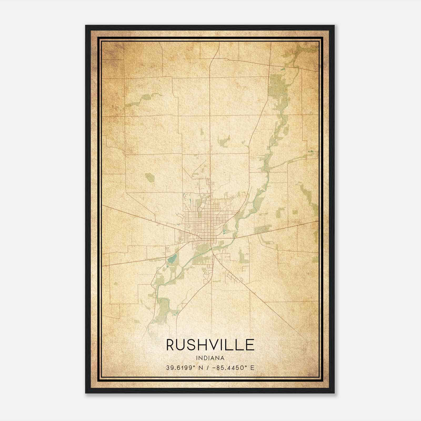Vintage Rushville Indiana Map Poster, Modern Home Decor Wall Art Print
