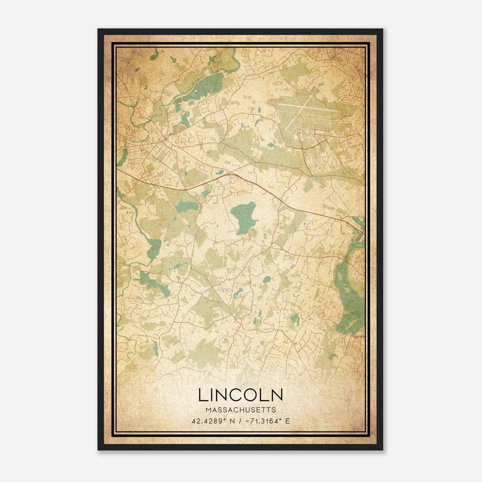 Vintage Lincoln Massachusetts Map Poster, Modern Home Decor Wall Art Print