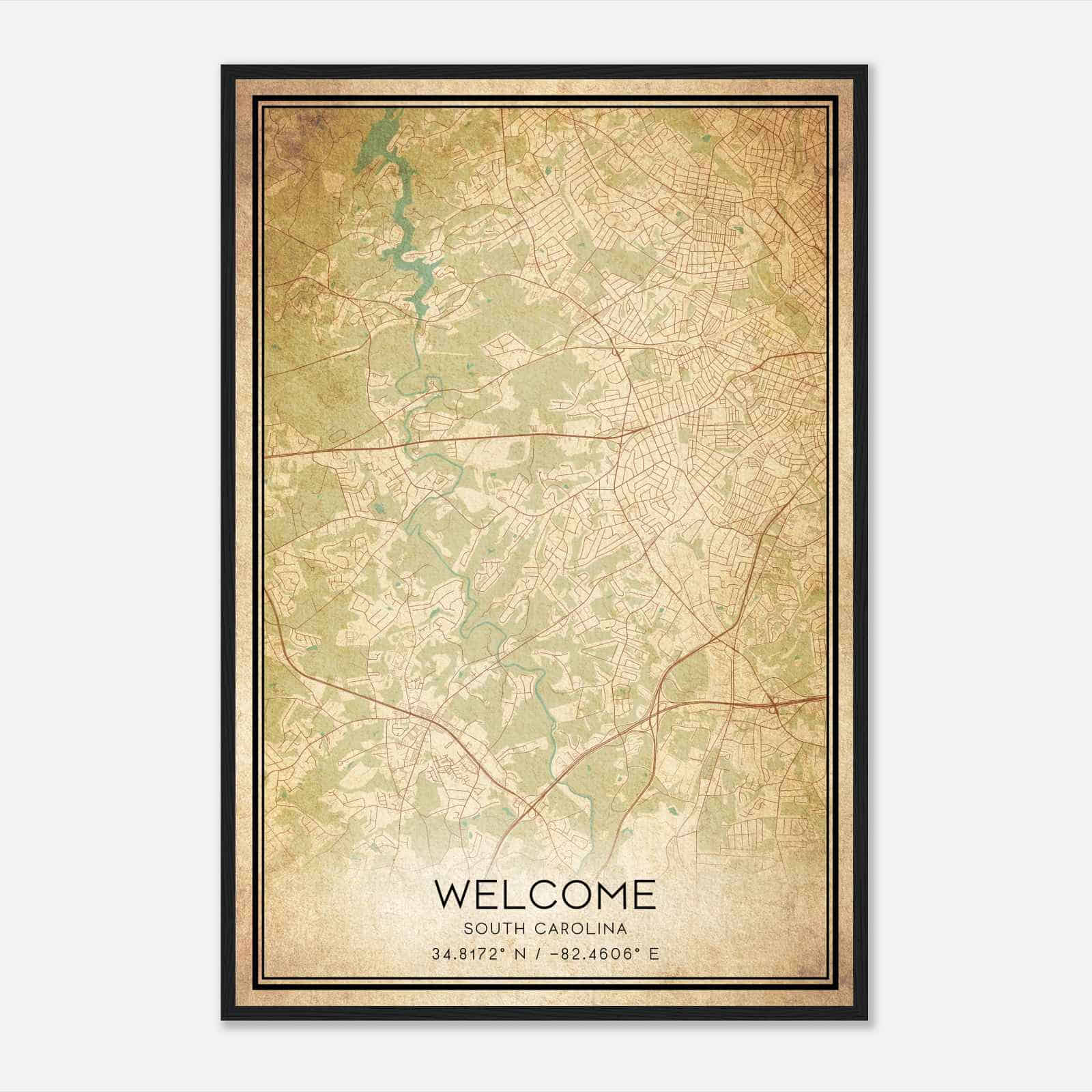 Vintage Welcome South Carolina Map Poster, Modern Home Decor Wall Art Print