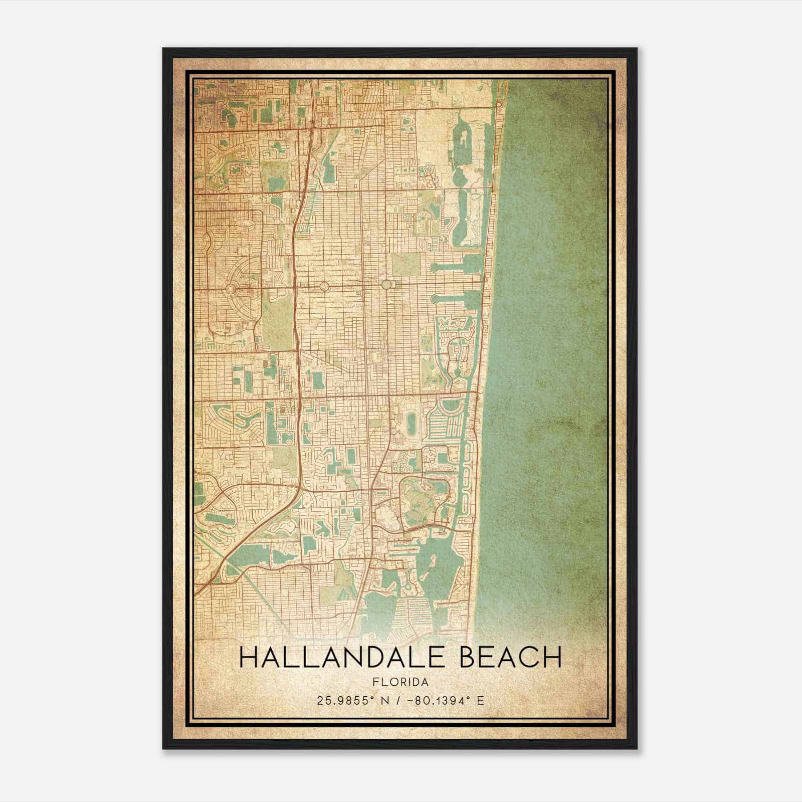 Vintage Hallandale Beach Florida Map Poster, Modern Home Decor Wall Art Print