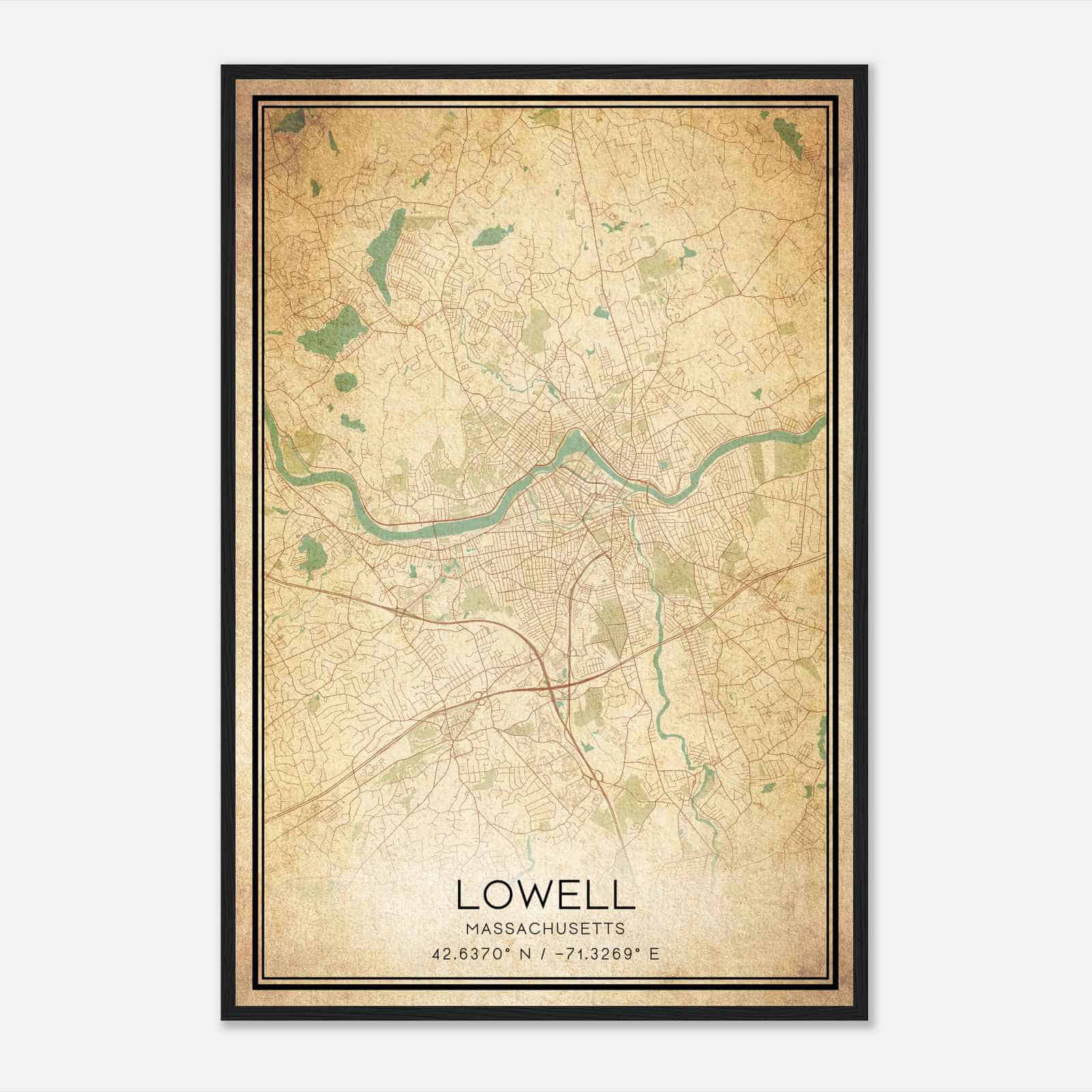 Vintage Lowell Massachusetts Map Poster, Modern Home Decor Wall Art Print