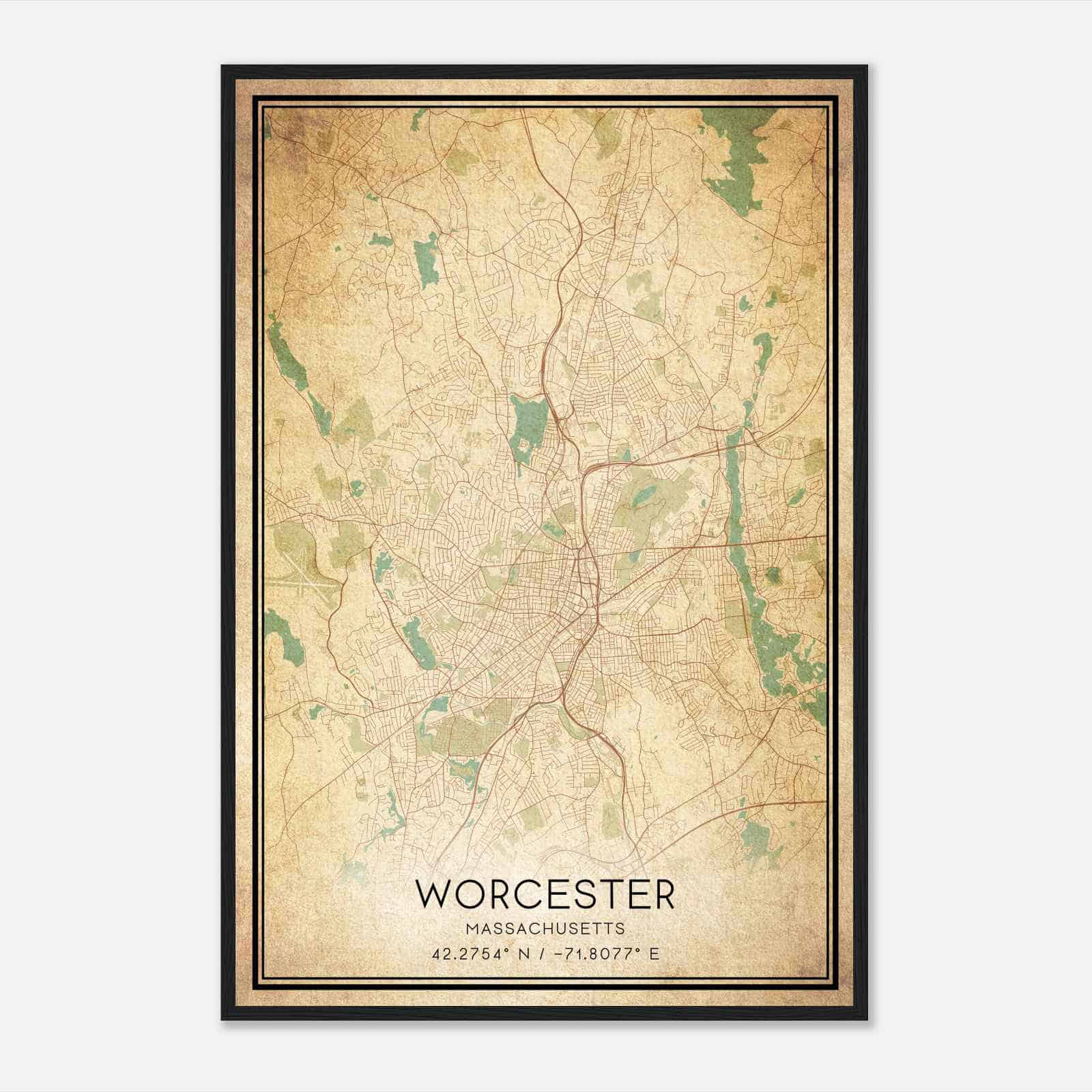 Vintage Worcester Massachusetts Map Poster, Modern Home Decor Wall Art Print