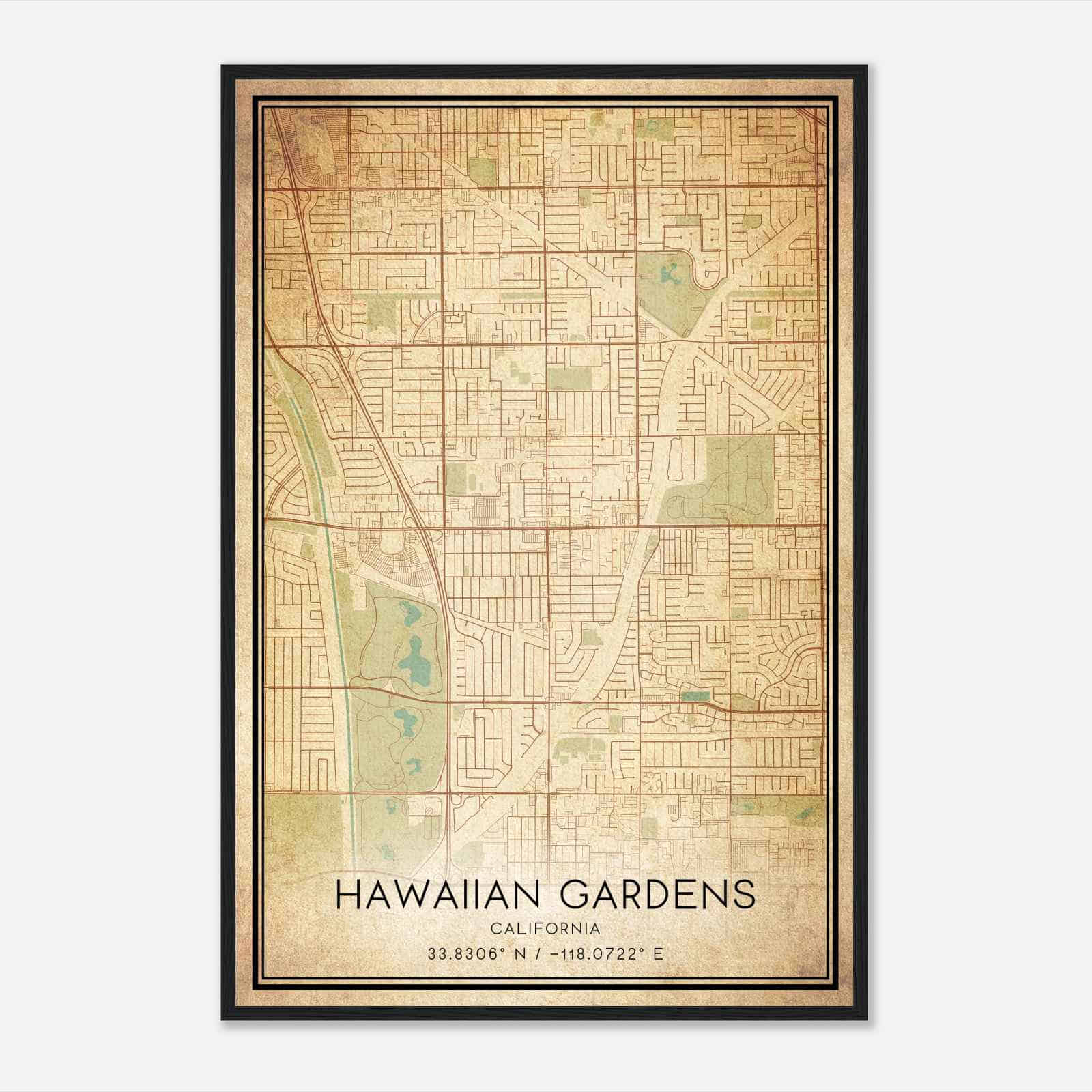 Vintage Hawaiian Gardens California Map Poster, Modern Home Decor Wall Art Print