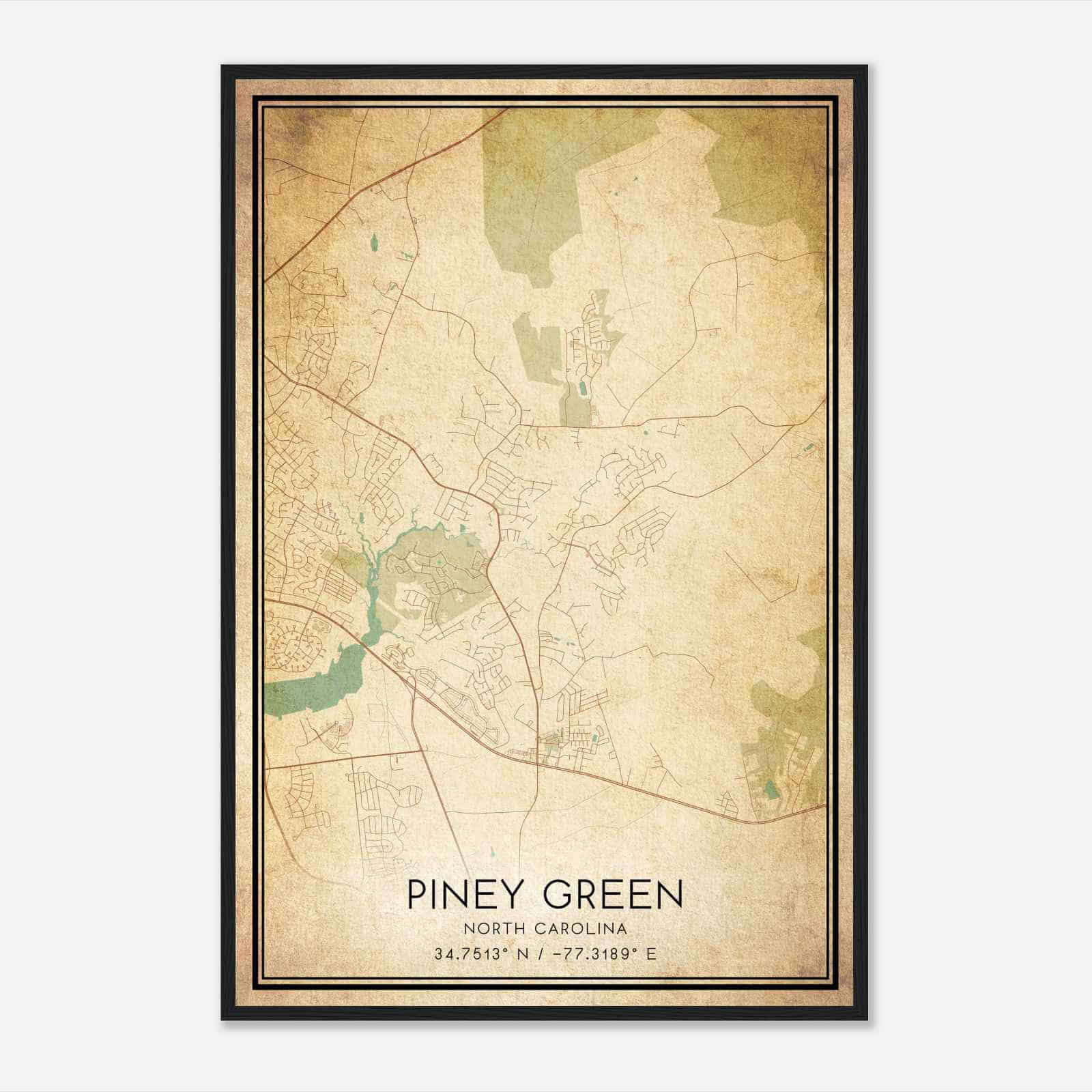 Vintage Piney Green North Carolina Map Poster, Modern Home Decor Wall Art Print