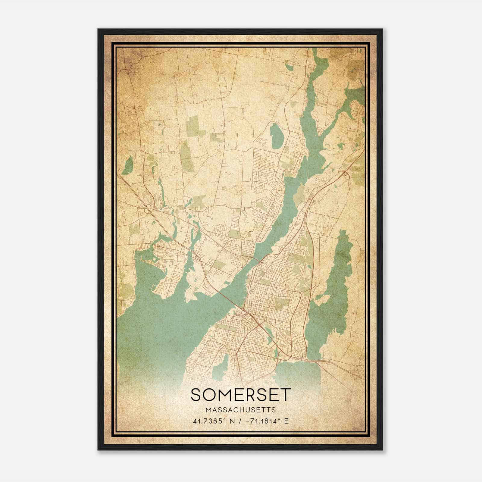 Vintage Somerset Massachusetts Map Poster, Modern Home Decor Wall Art Print