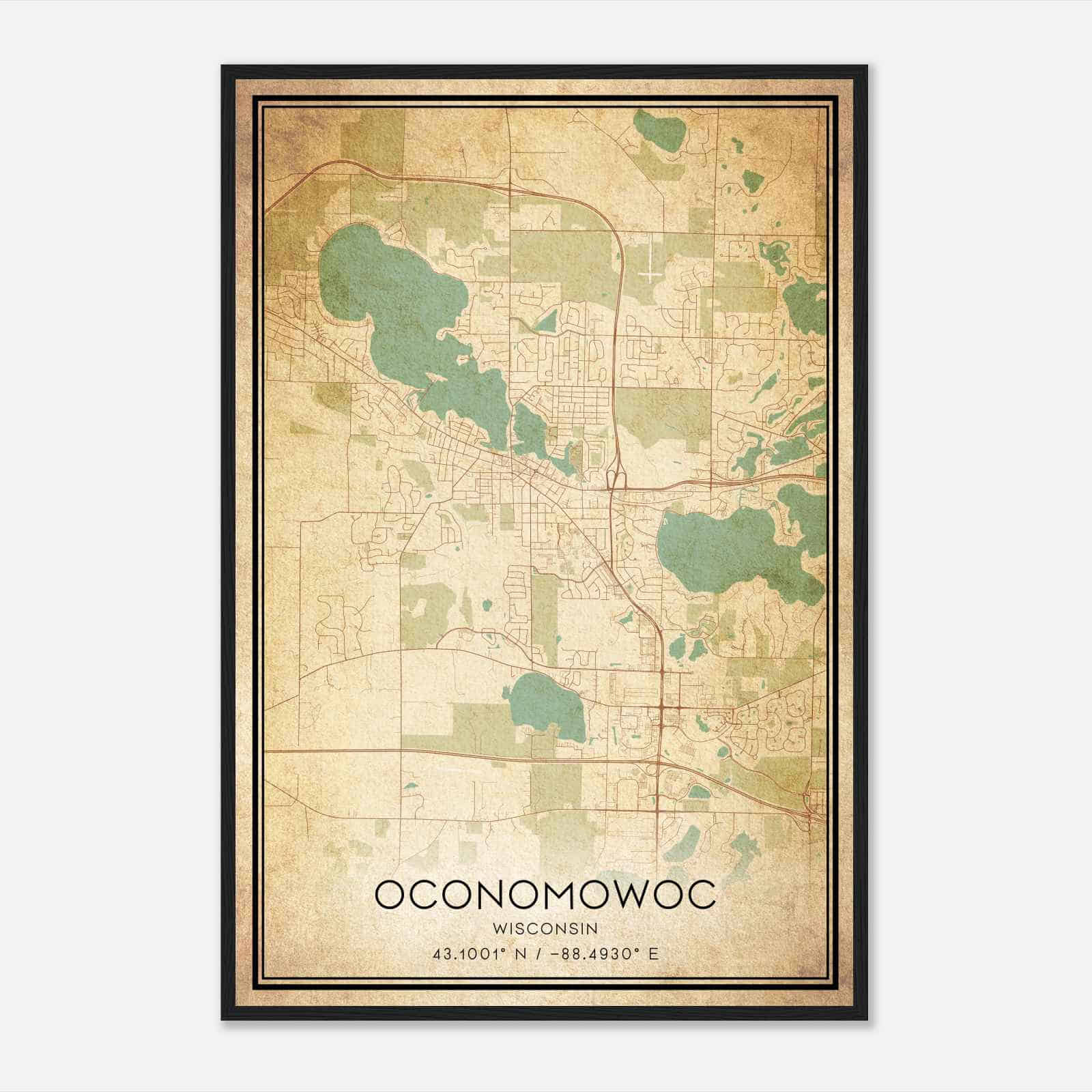 Vintage Oconomowoc Wisconsin Map Poster, Modern Home Decor Wall Art Print