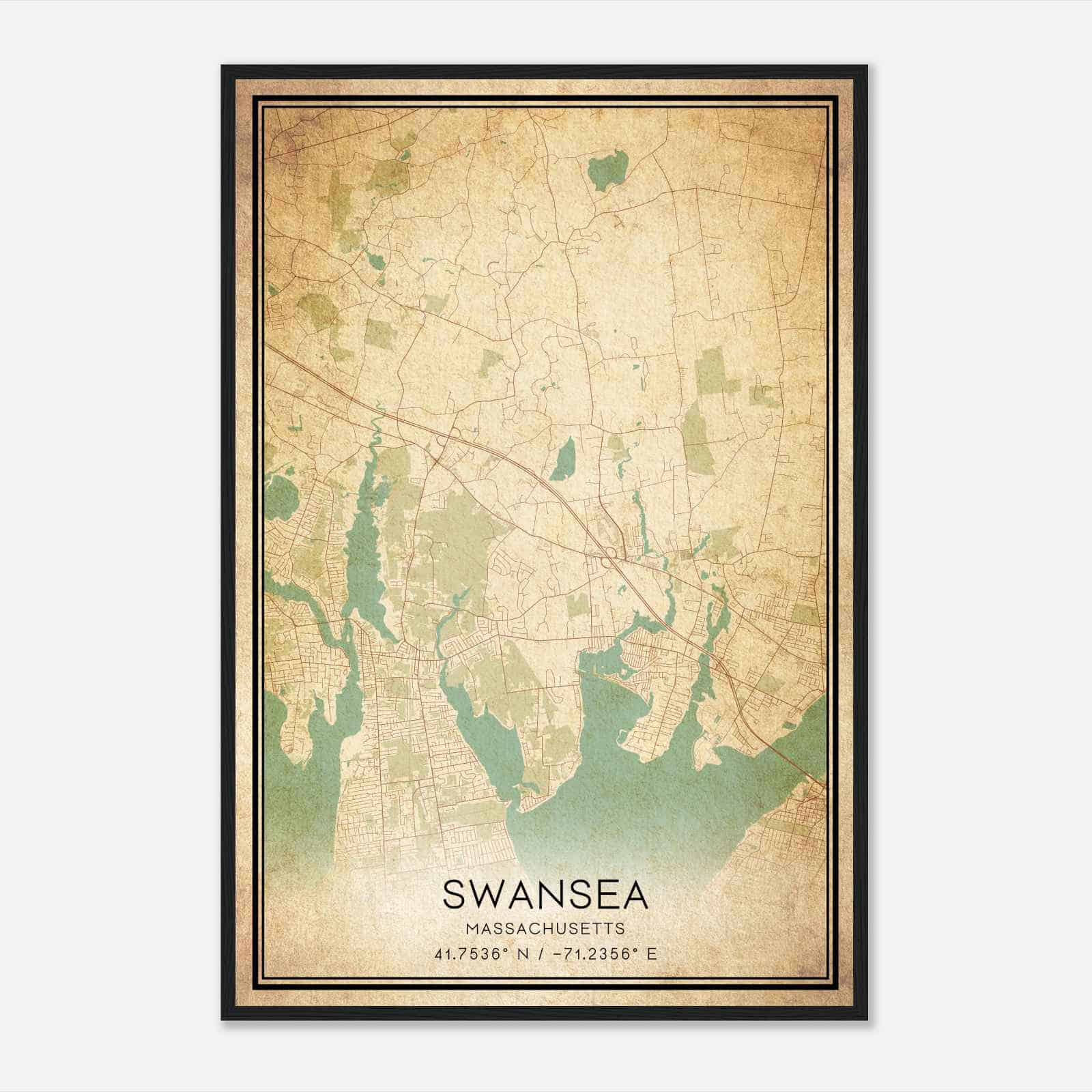 Vintage Swansea Massachusetts Map Poster, Modern Home Decor Wall Art Print