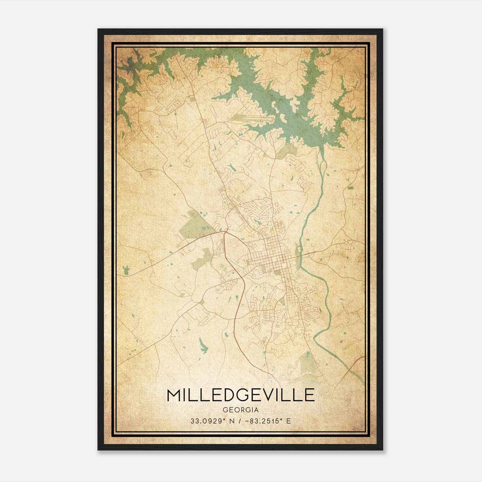 Vintage Milledgeville Georgia Map Poster, Modern Home Decor Wall Art Print