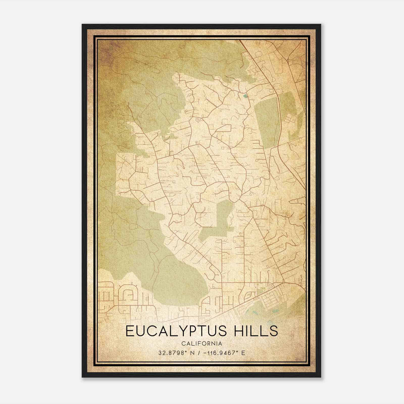 Vintage Eucalyptus Hills California Map Poster, Modern Home Decor Wall Art Print