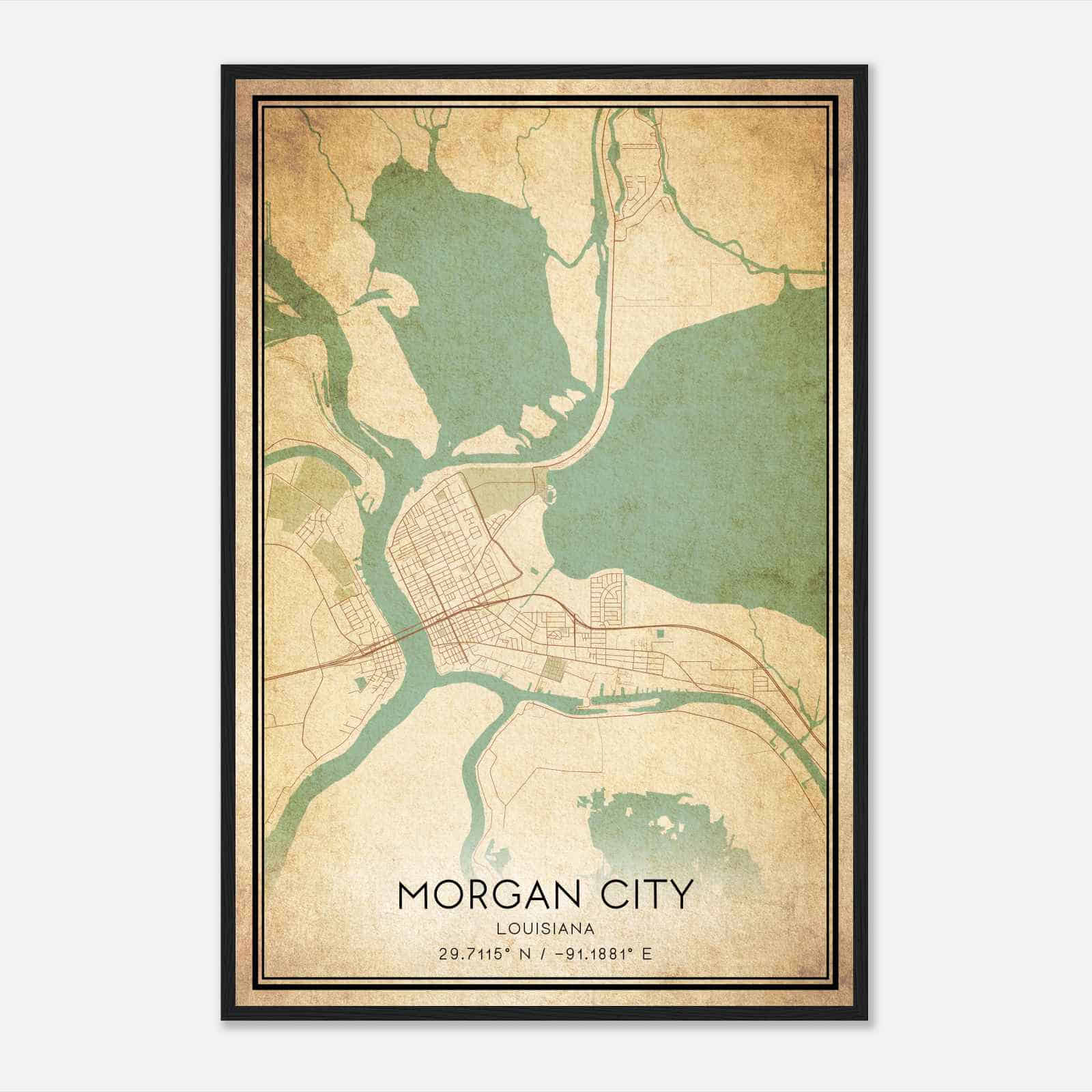 Vintage Morgan City Louisiana Map Poster, Modern Home Decor Wall Art Print