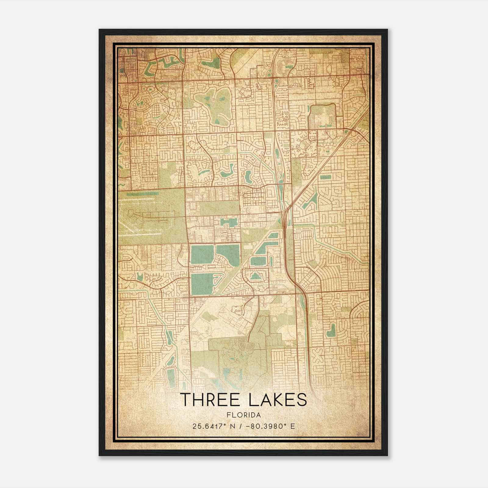Vintage Three Lakes Florida Map Poster, Modern Home Decor Wall Art Print