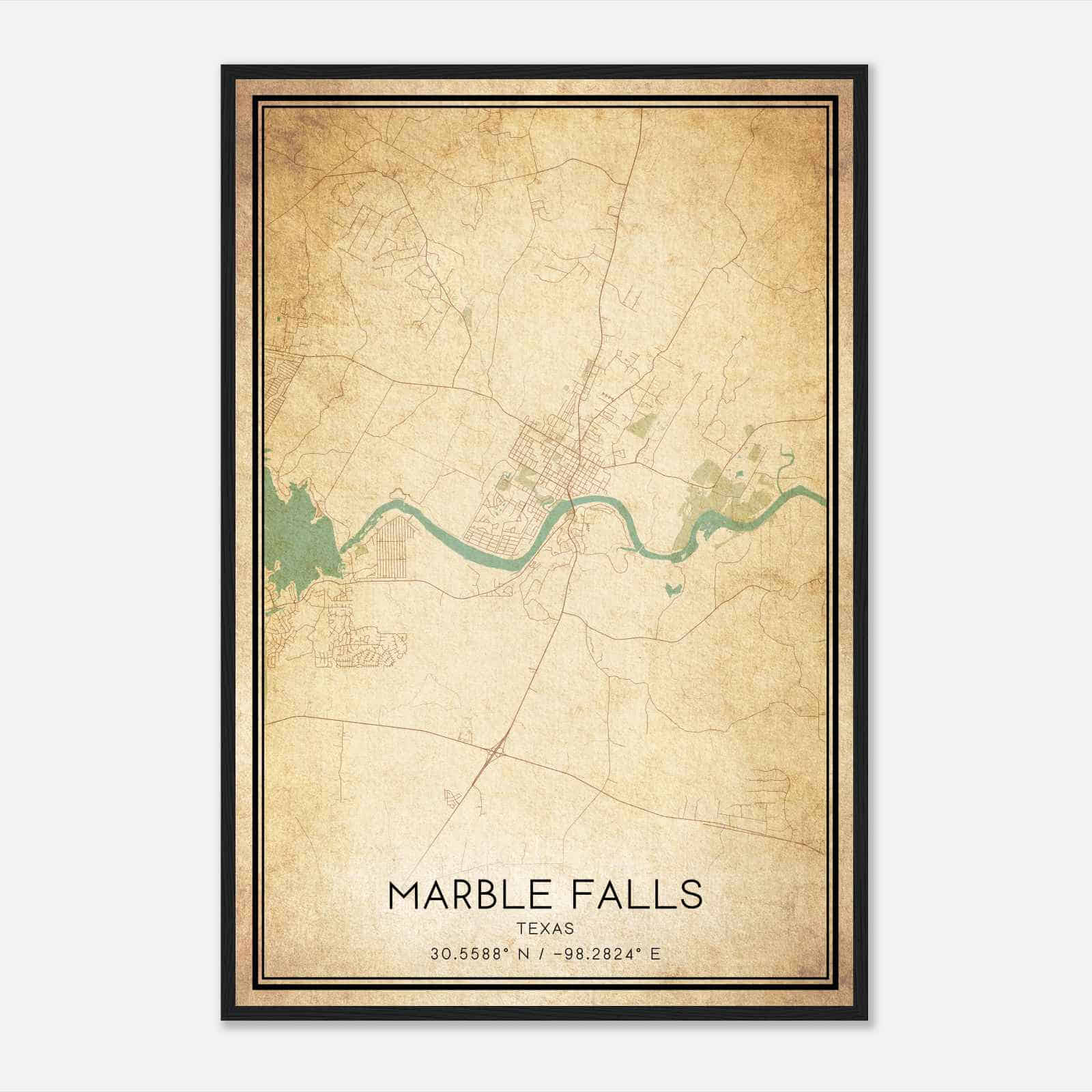 Vintage Marble Falls Texas Map Poster, Modern Home Decor Wall Art Print