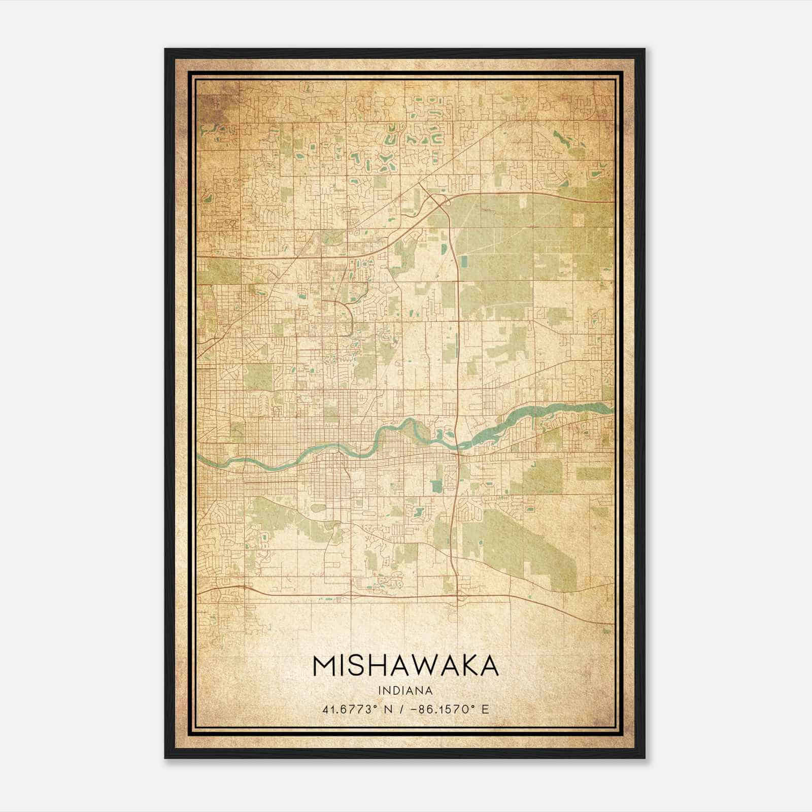 Vintage Mishawaka Indiana Map Poster, Modern Home Decor Wall Art Print