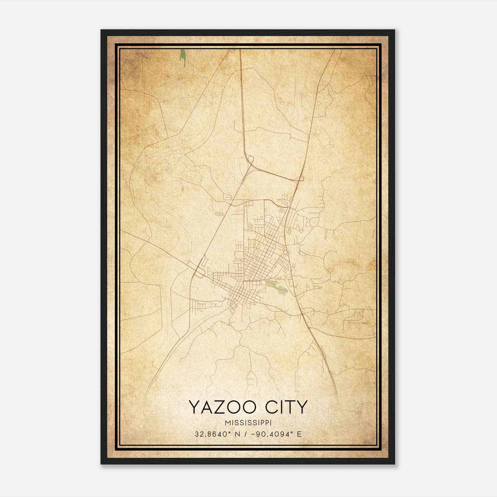 Vintage Yazoo City Mississippi Map Poster, Modern Home Decor Wall Art Print