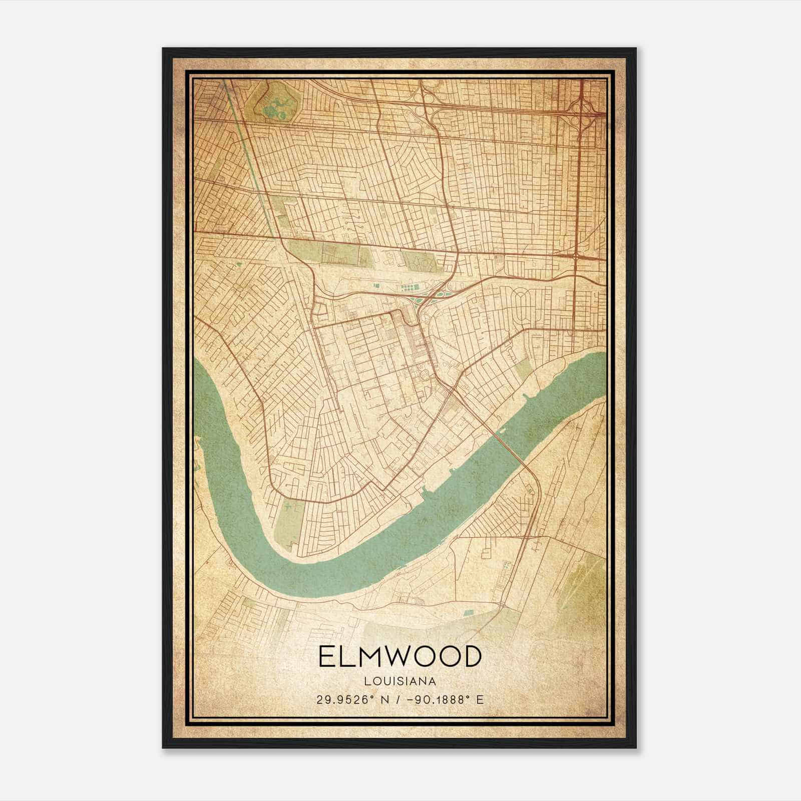 Vintage Elmwood Louisiana Map Poster, Modern Home Decor Wall Art Print