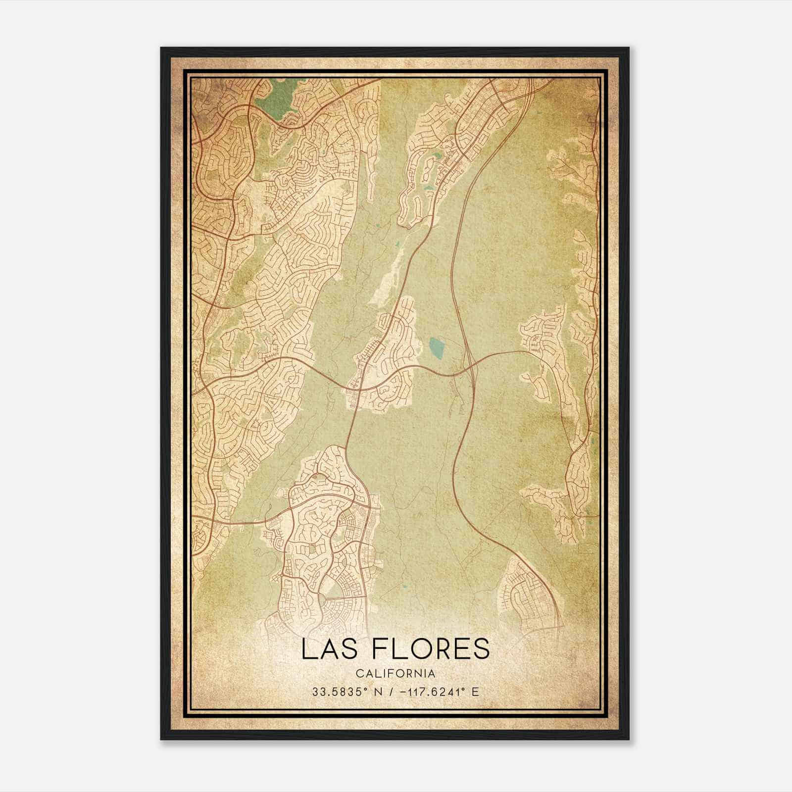 Vintage Las Flores California Map Poster, Modern Home Decor Wall Art Print