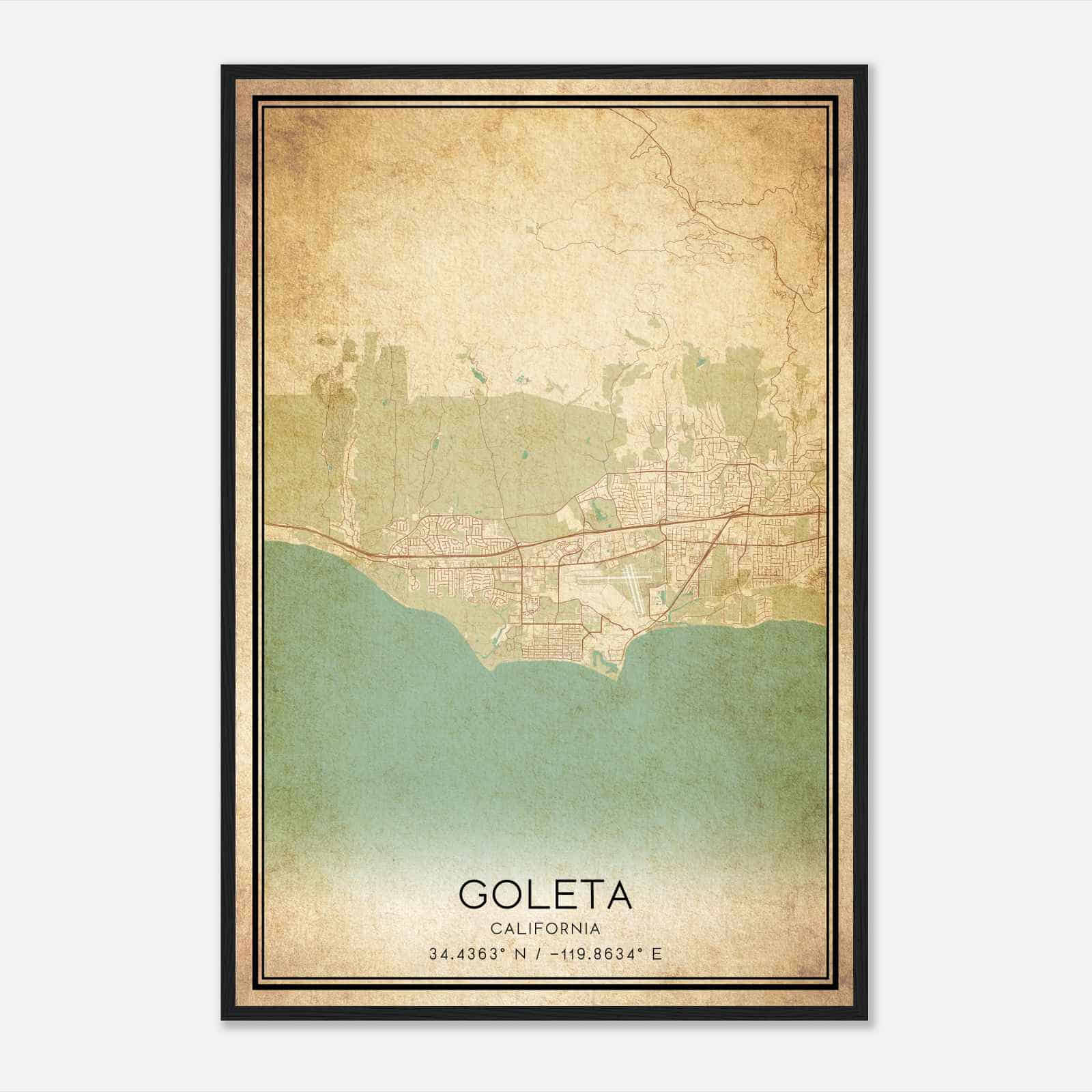 Vintage Goleta California Map Poster, Modern Home Decor Wall Art Print