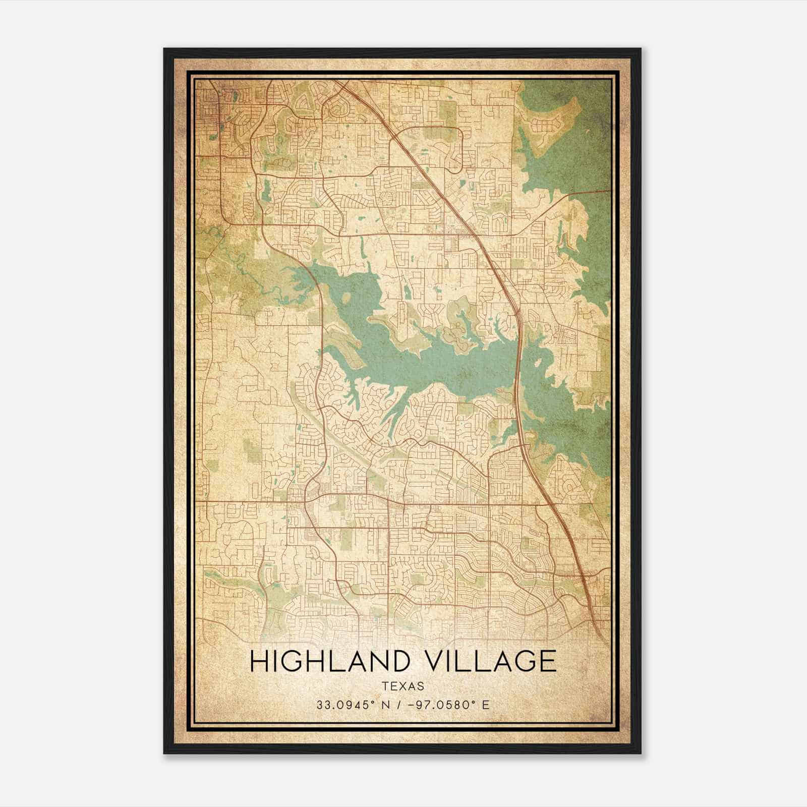Vintage Highland Village Texas Map Poster, Modern Home Decor Wall Art Print