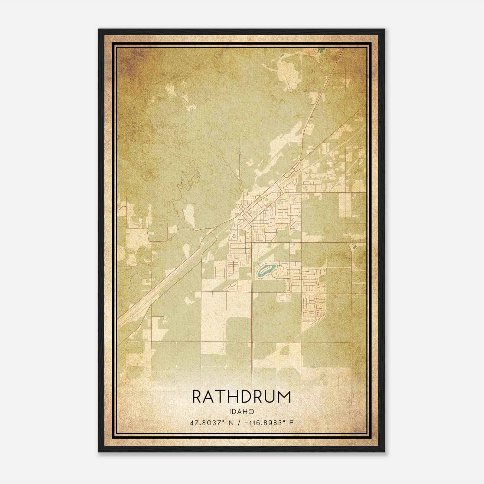 Vintage Rathdrum Idaho Map Poster, Modern Home Decor Wall Art Print
