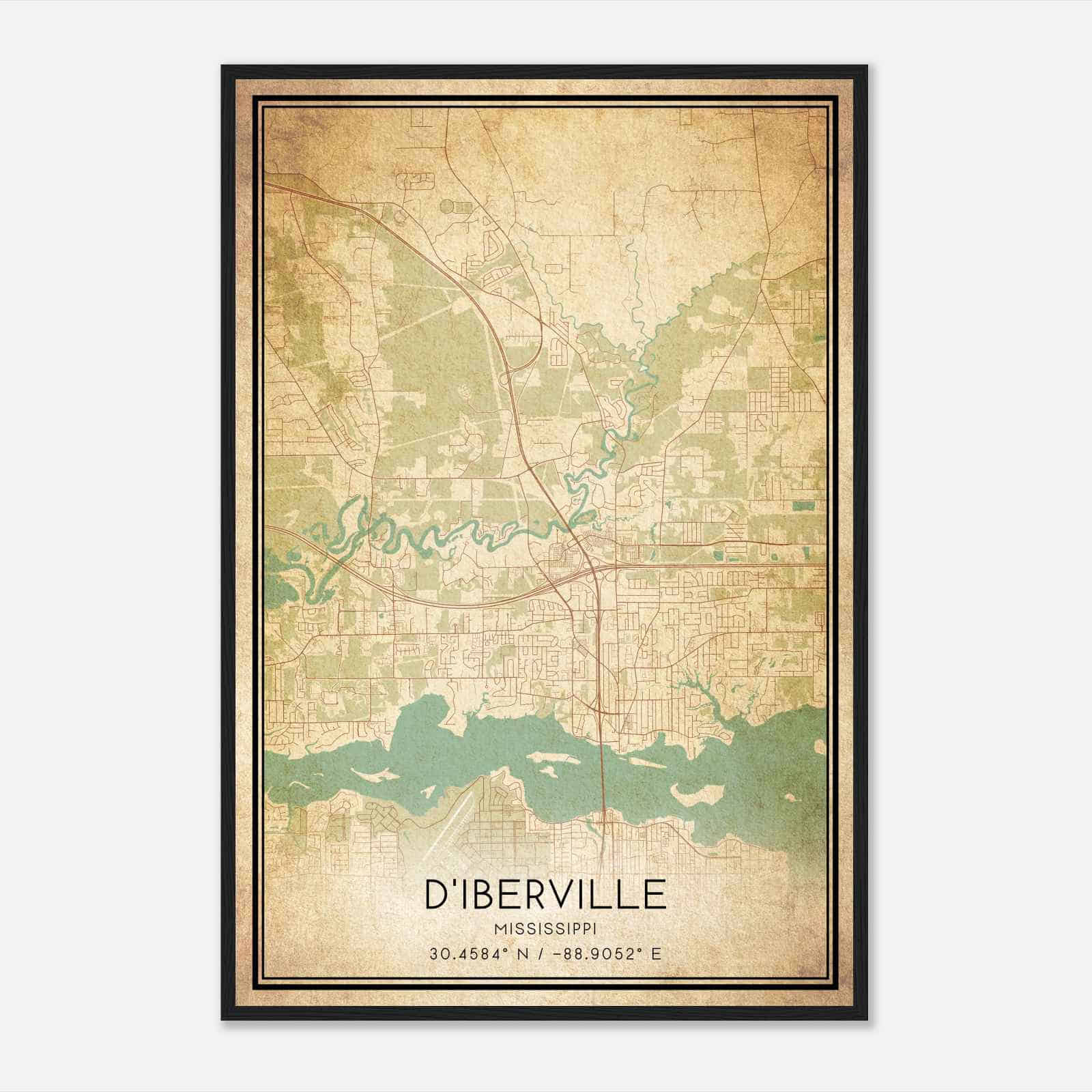 Vintage D’iberville Mississippi Map Poster, Modern Home Decor Wall Art Print