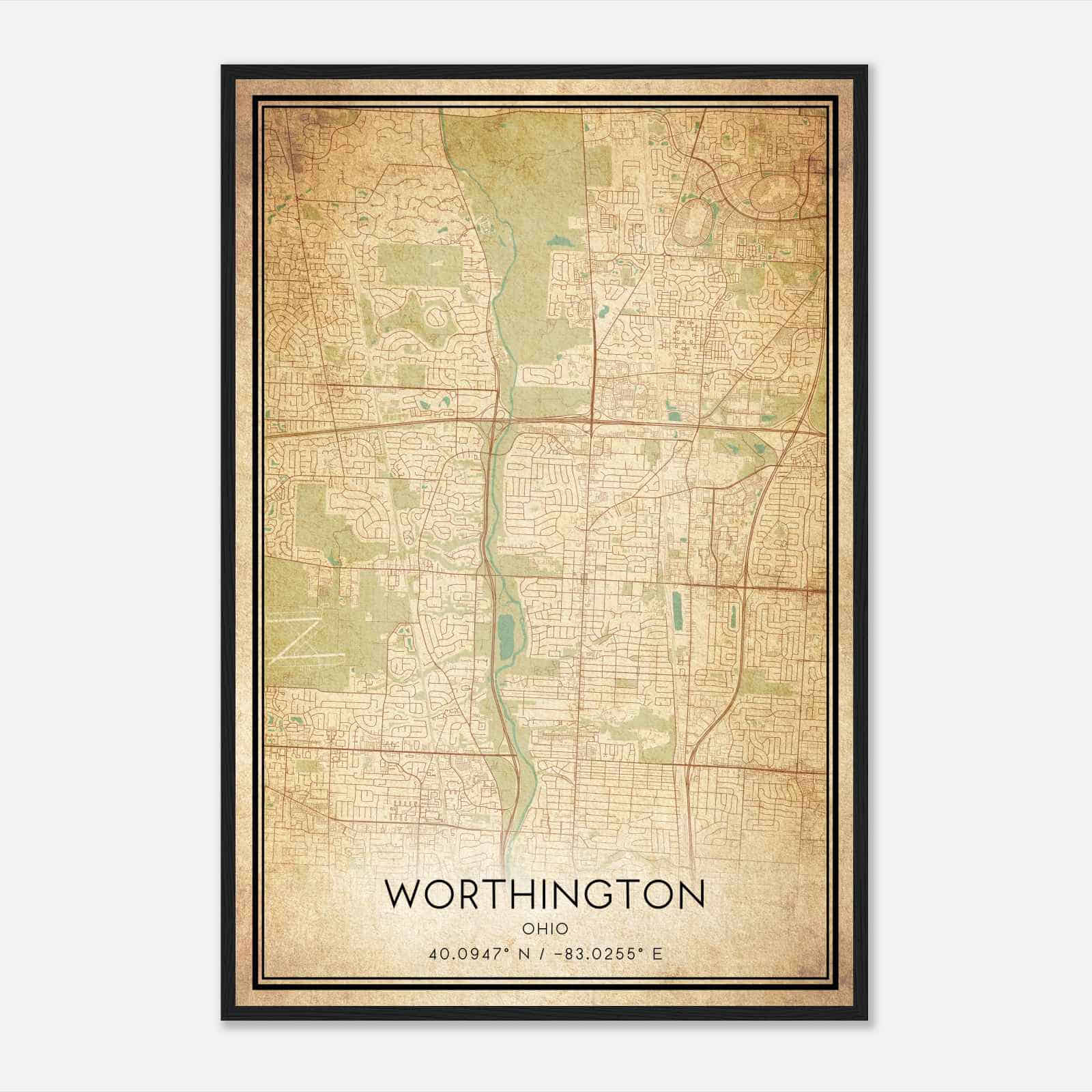 Vintage Worthington Ohio Map Poster, Modern Home Decor Wall Art Print