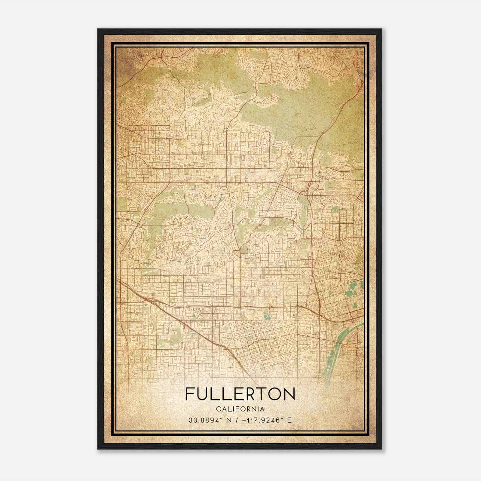 Vintage Fullerton California Map Poster, Modern Home Decor Wall Art Print