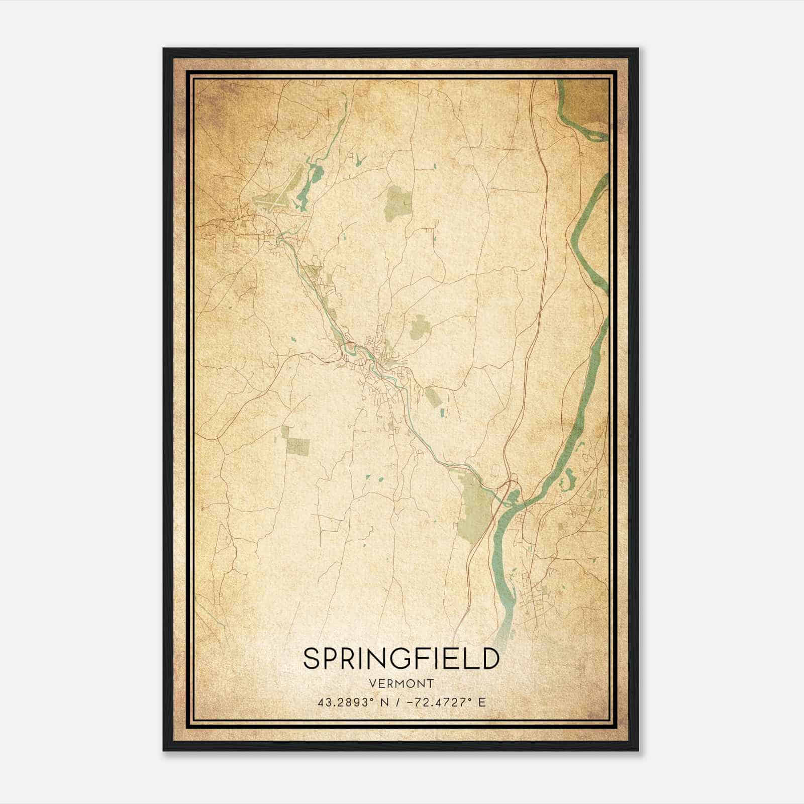 Vintage Springfield Vermont Map Poster, Modern Home Decor Wall Art Print