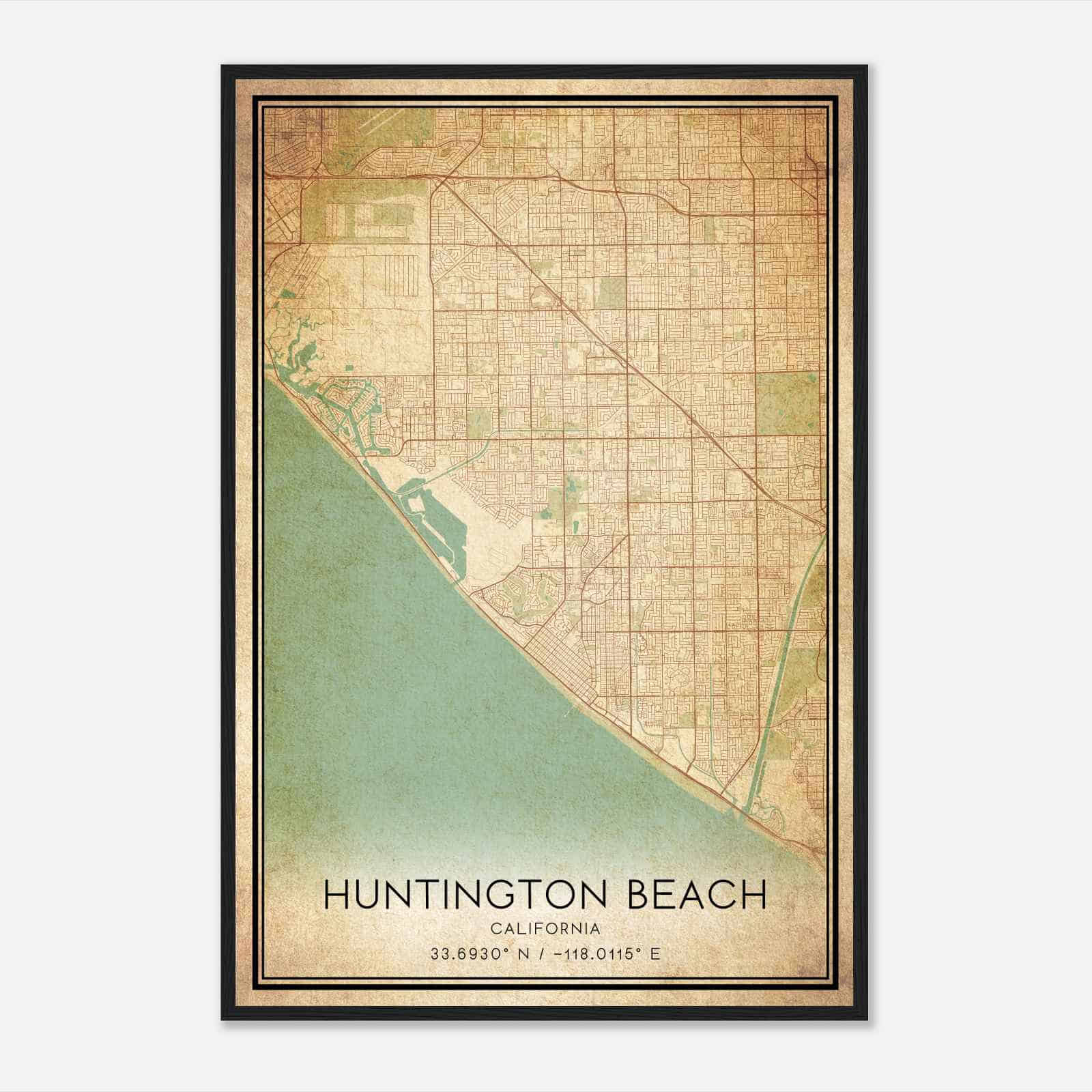 Vintage Huntington Beach California Map Poster, Modern Home Decor Wall Art Print