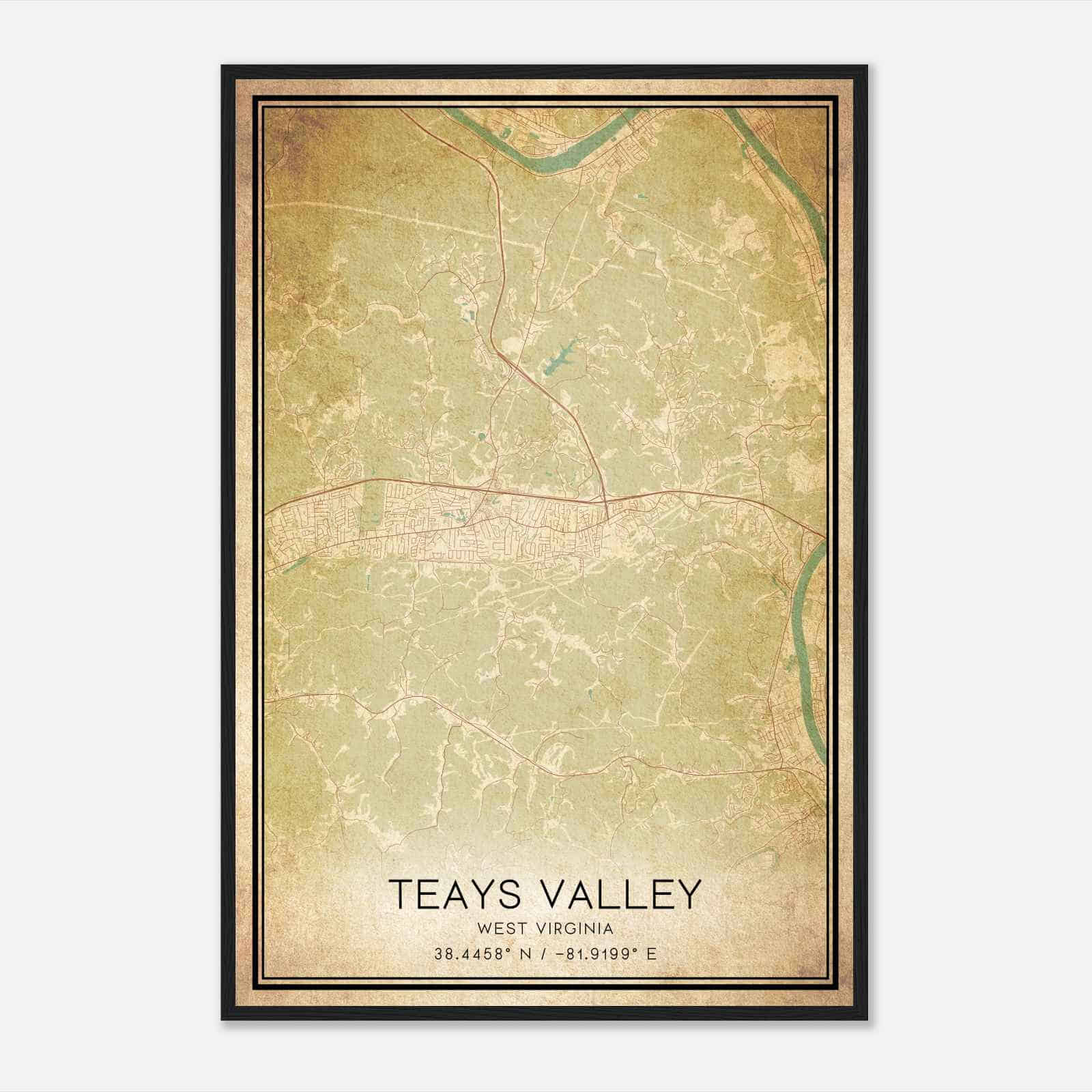 Vintage Teays Valley West Virginia Map Poster, Modern Home Decor Wall Art Print