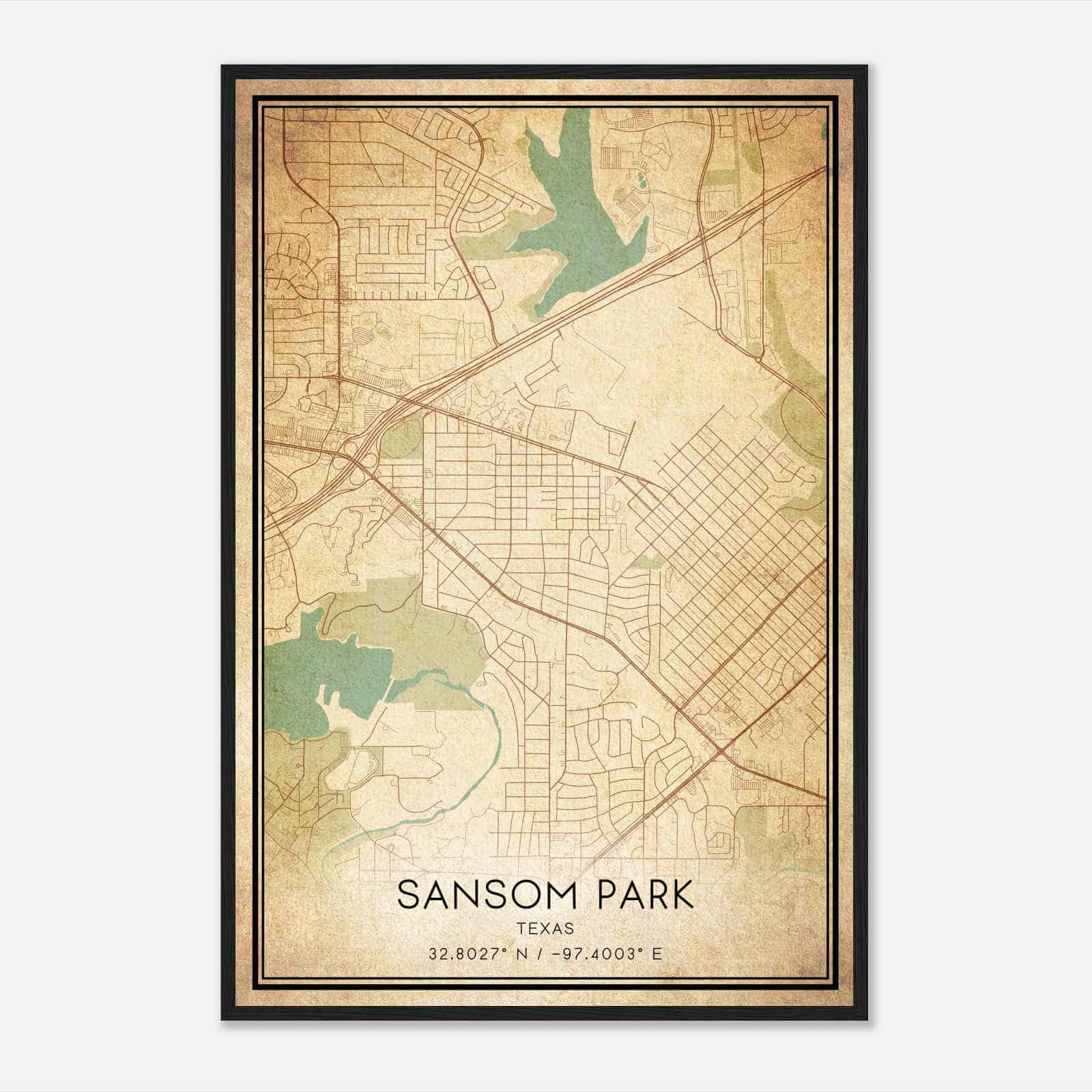 Vintage Sansom Park Texas Map Poster, Modern Home Decor Wall Art Print