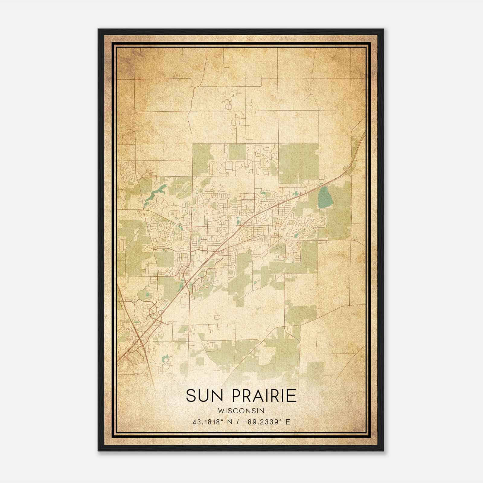 Vintage Sun Prairie Wisconsin Map Poster, Modern Home Decor Wall Art Print