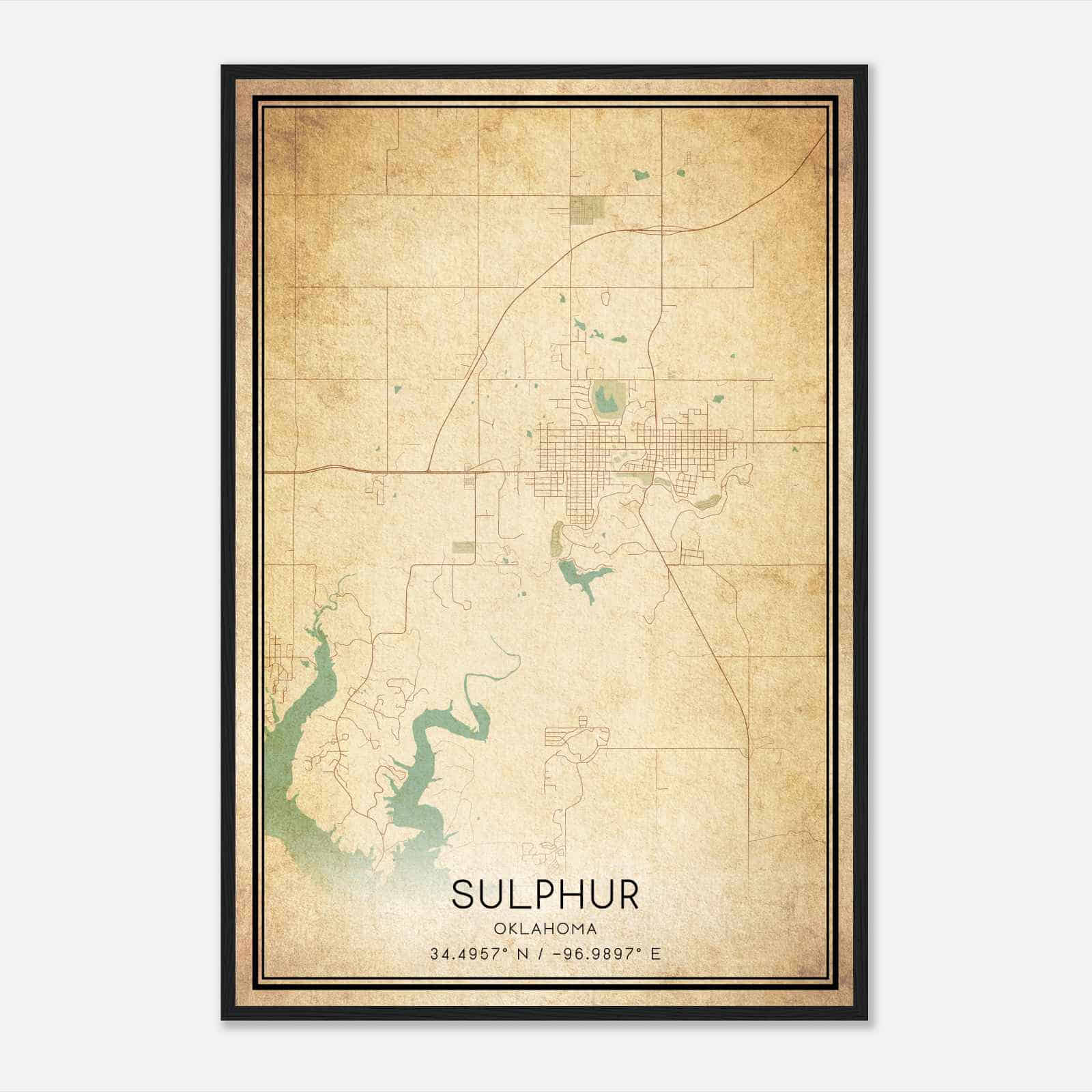 Vintage Sulphur Oklahoma Map Poster, Modern Home Decor Wall Art Print