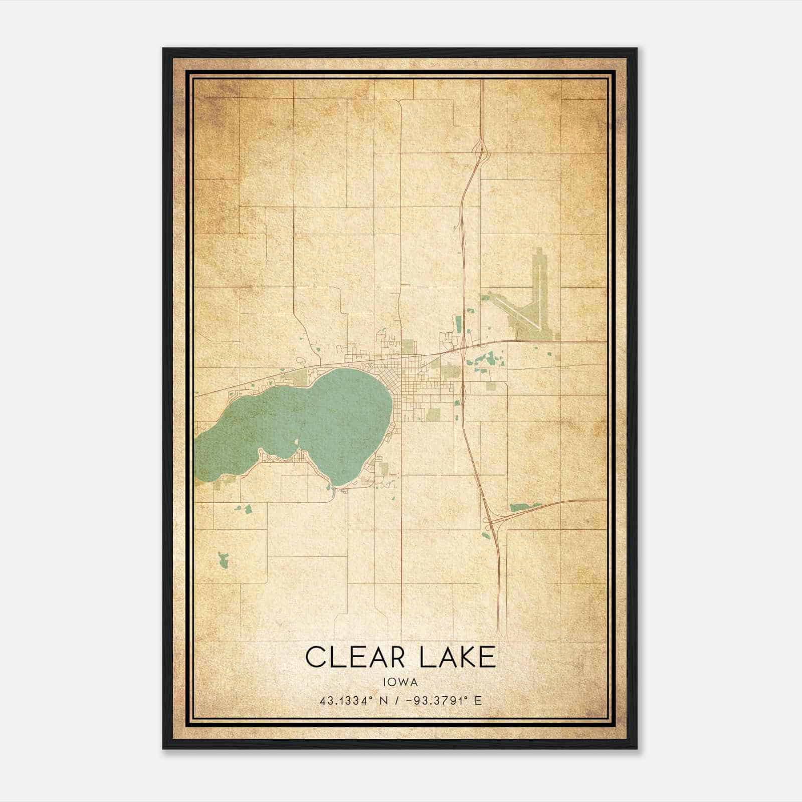 Vintage Clear Lake Iowa Map Poster, Modern Home Decor Wall Art Print