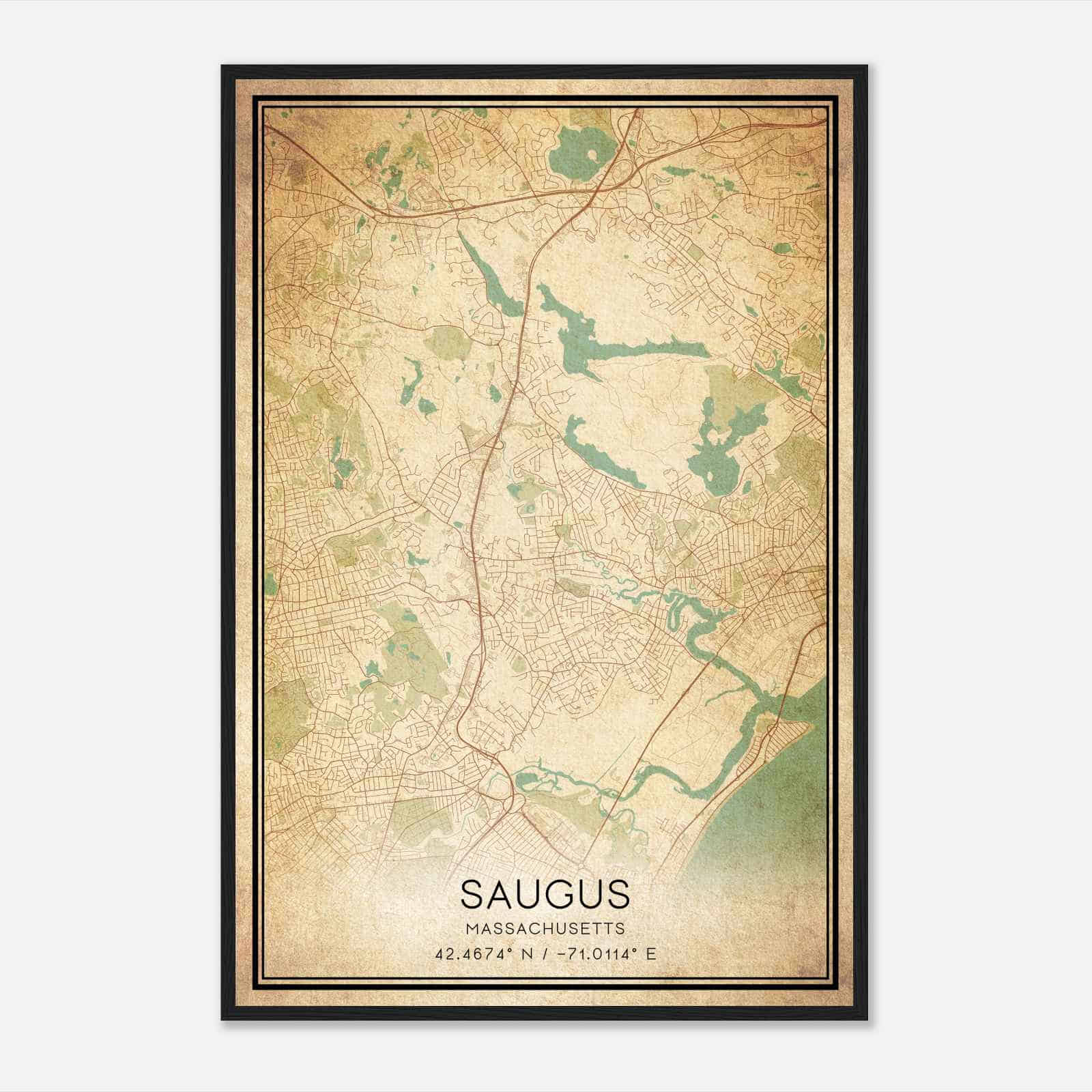 Vintage Saugus Massachusetts Map Poster, Modern Home Decor Wall Art Print