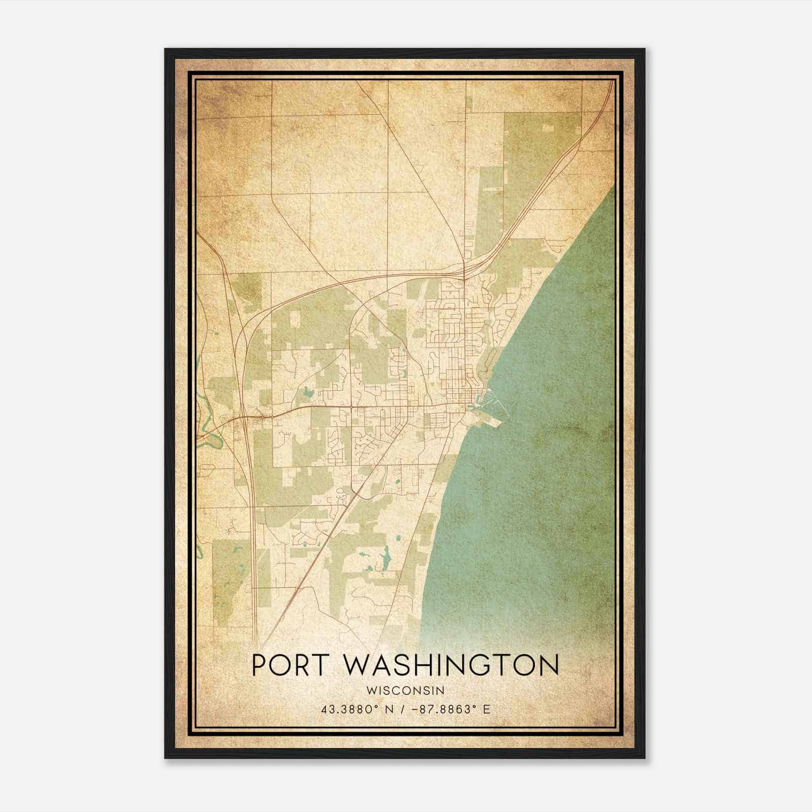 Vintage Port Washington Wisconsin Map Poster, Modern Home Decor Wall Art Print