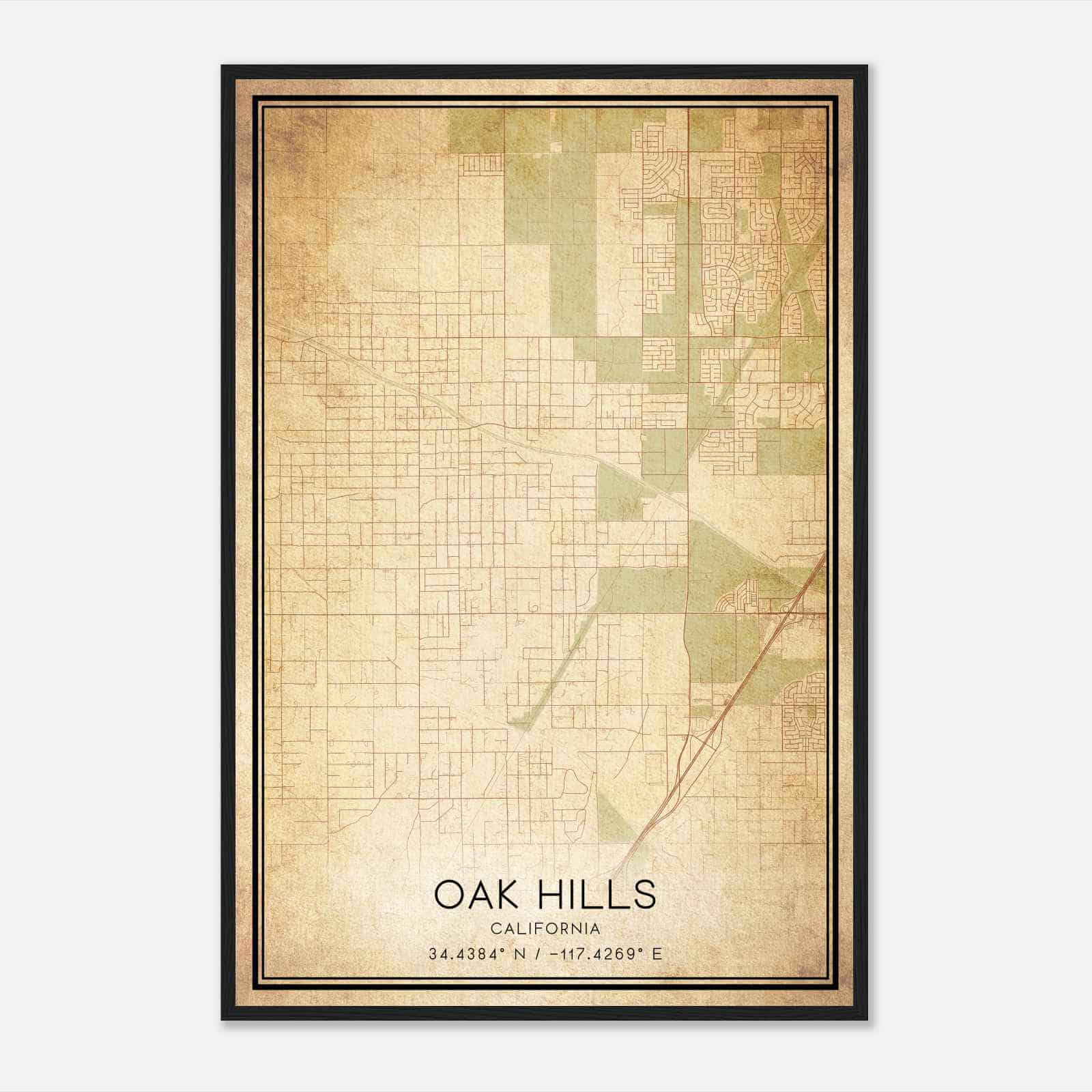 Vintage Oak Hills California Map Poster, Modern Home Decor Wall Art Print