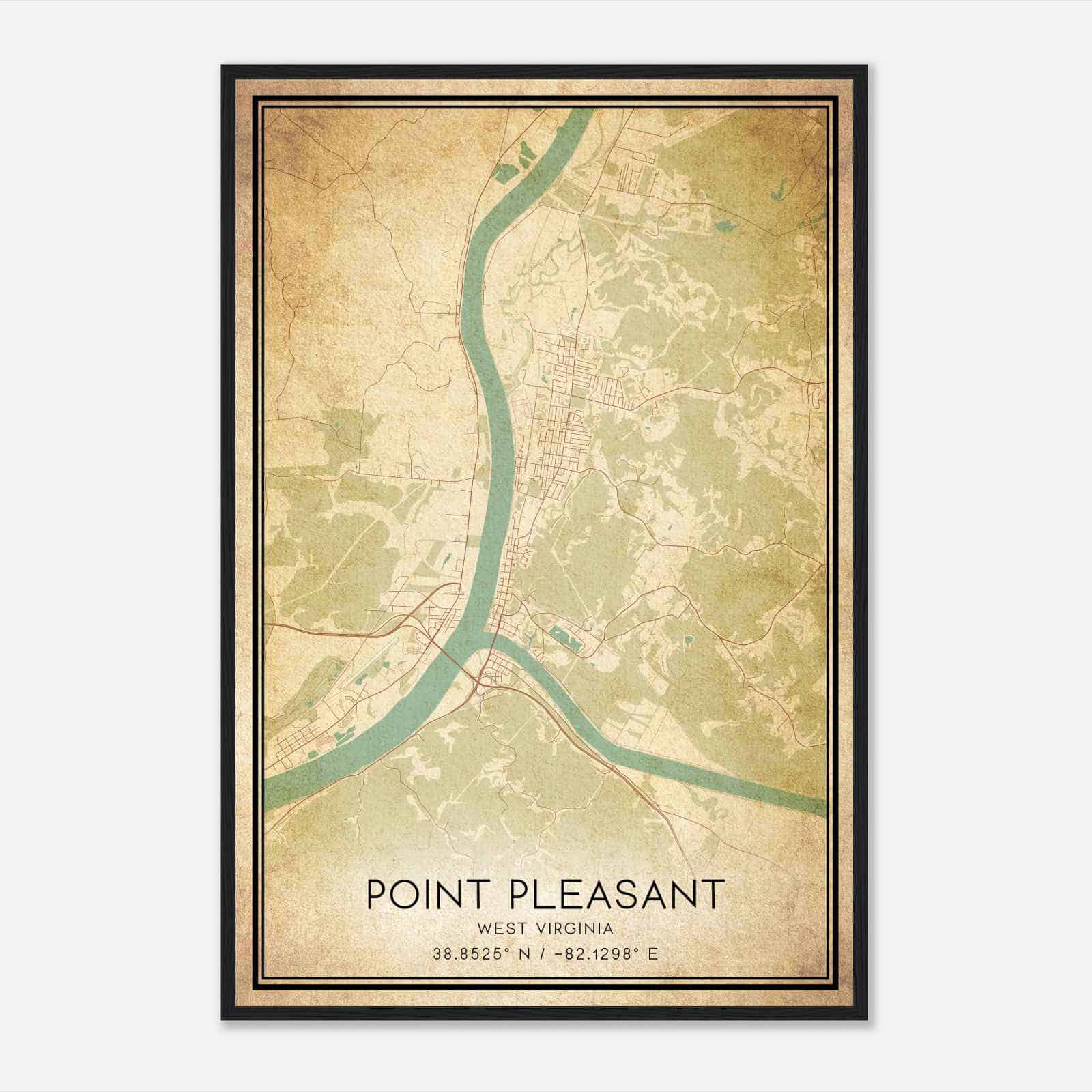 Vintage Point Pleasant West Virginia Map Poster, Modern Home Decor Wall Art Print